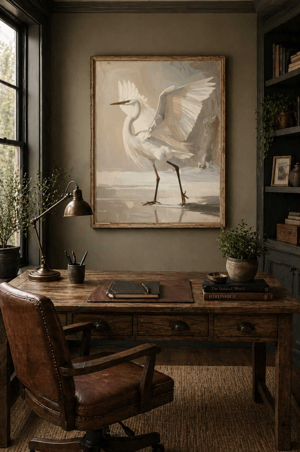Warm neutral egret digital print in home study
