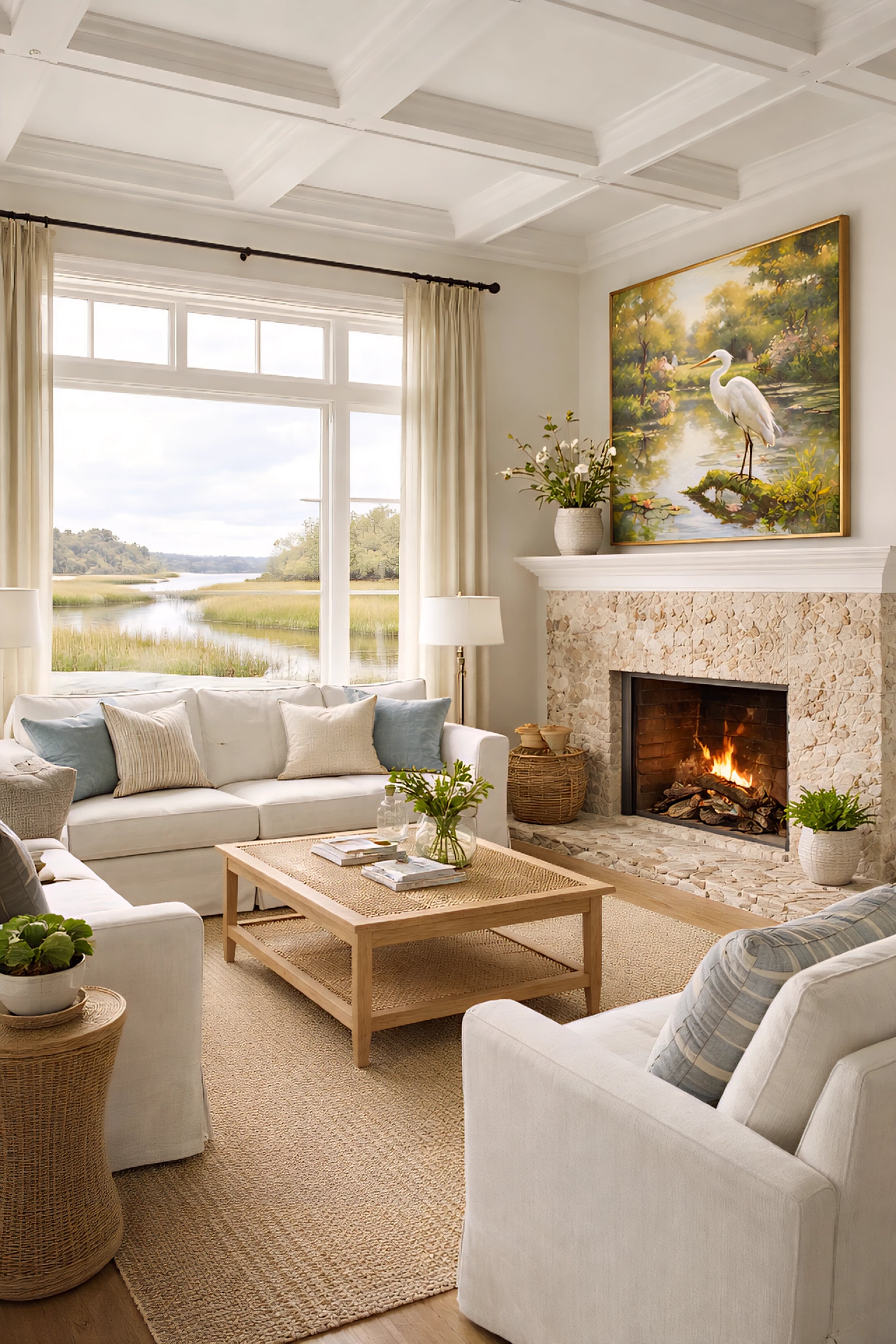 Vintage egret painting wall art digital download displayed above a fireplace in a bright coastal living room with neutral decor and marsh view.