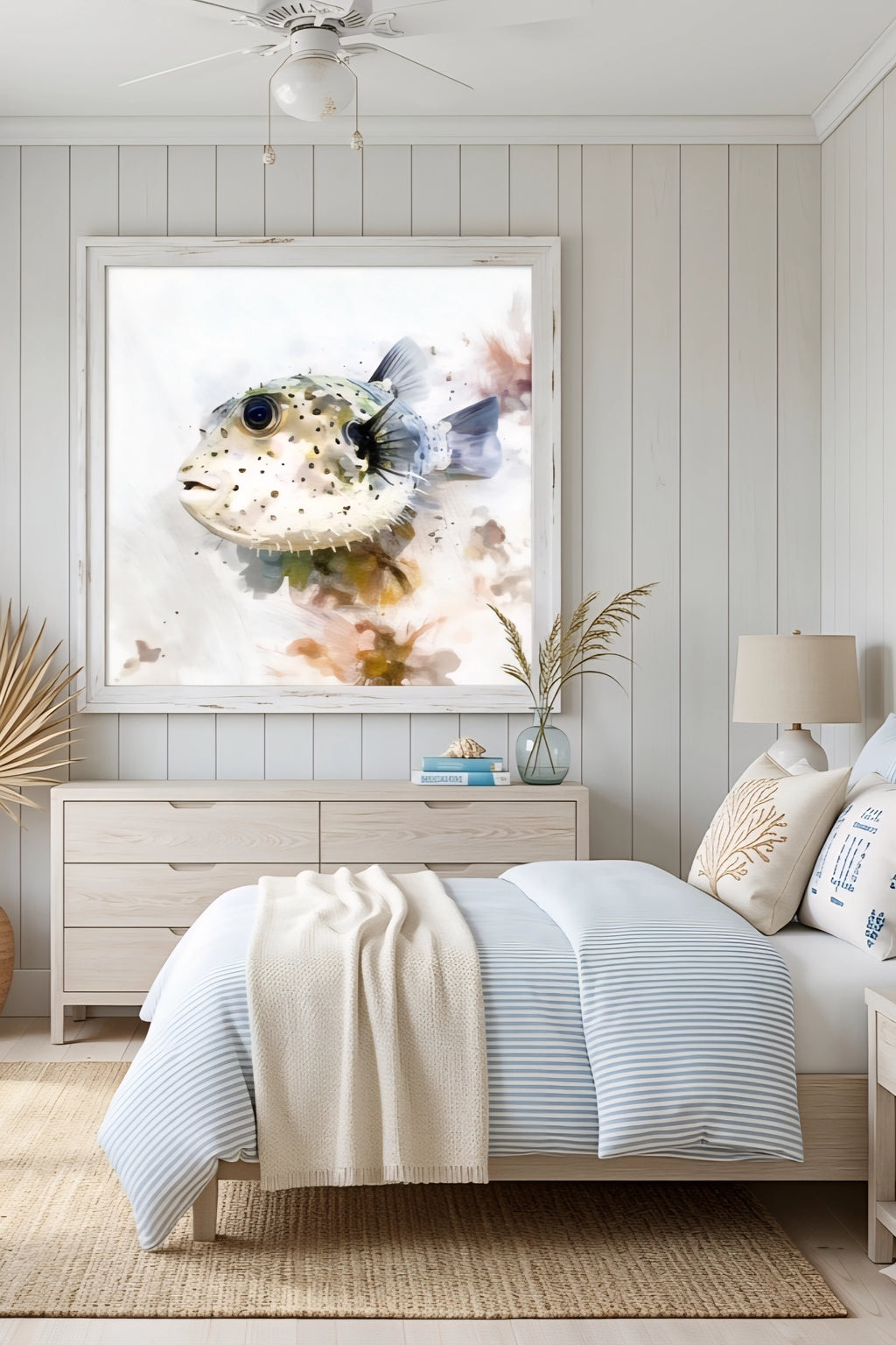 Bedroom with a large framed fish painting created with digital download on the wall