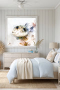 Bedroom with a large framed fish painting created with digital download on the wall