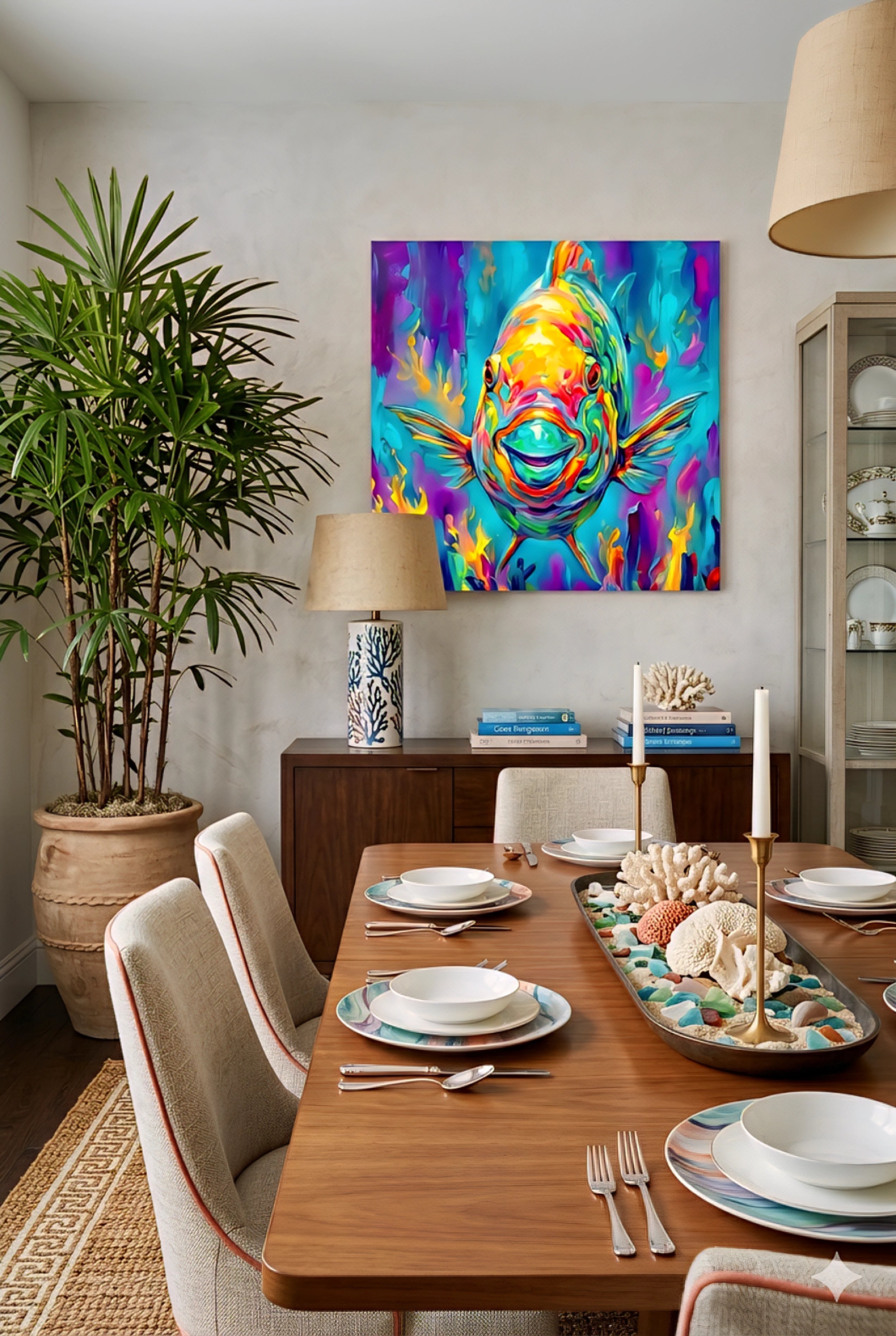 Colorful parrotfish wall art in bold neon tones displayed above a dining table in a bright coastal-style dining room, vibrant tropical fish illustration adding a modern statement to neutral decor with wood furniture and natural textures.
