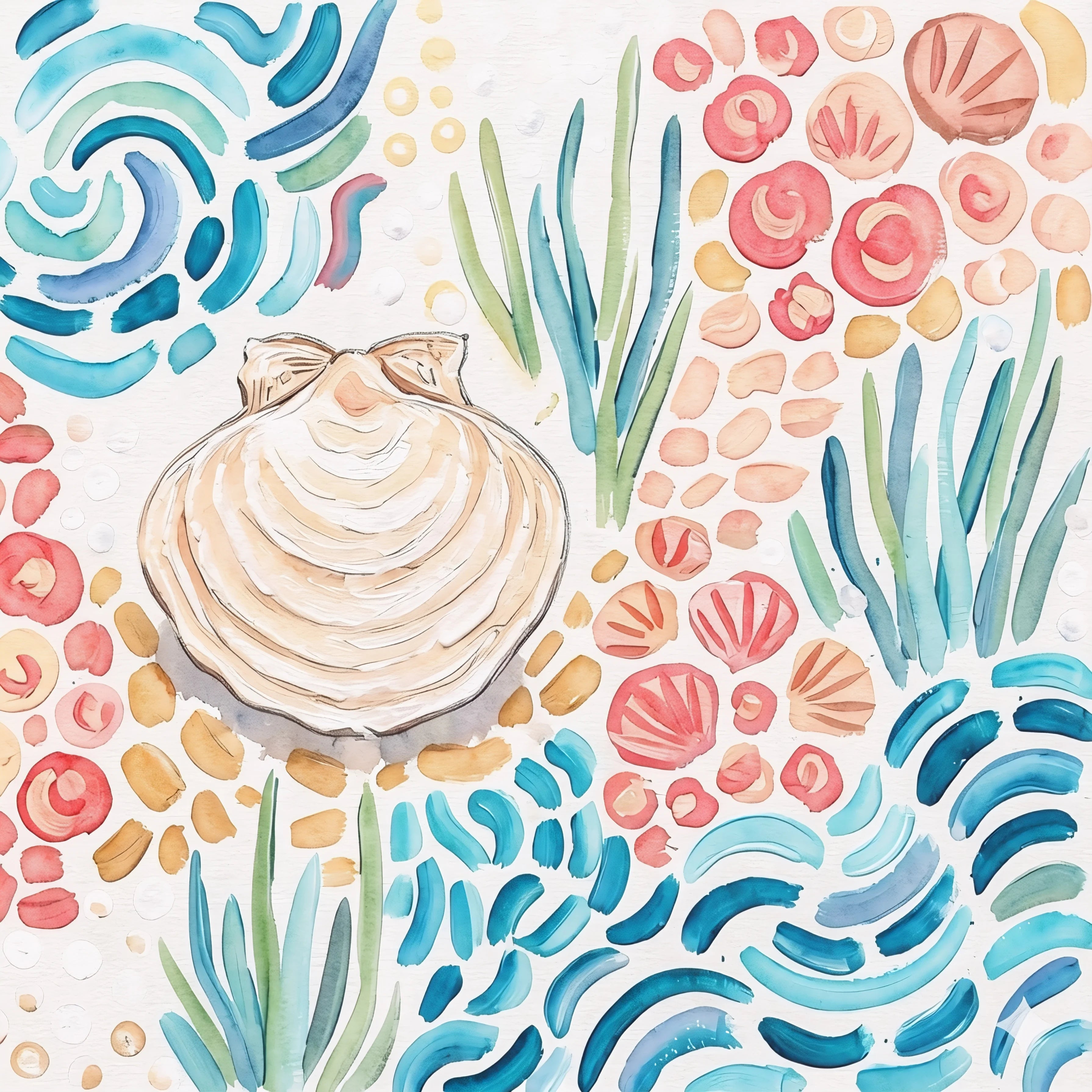Square coastal shell watercolor wall art printable, soft ocean tones beach decor download