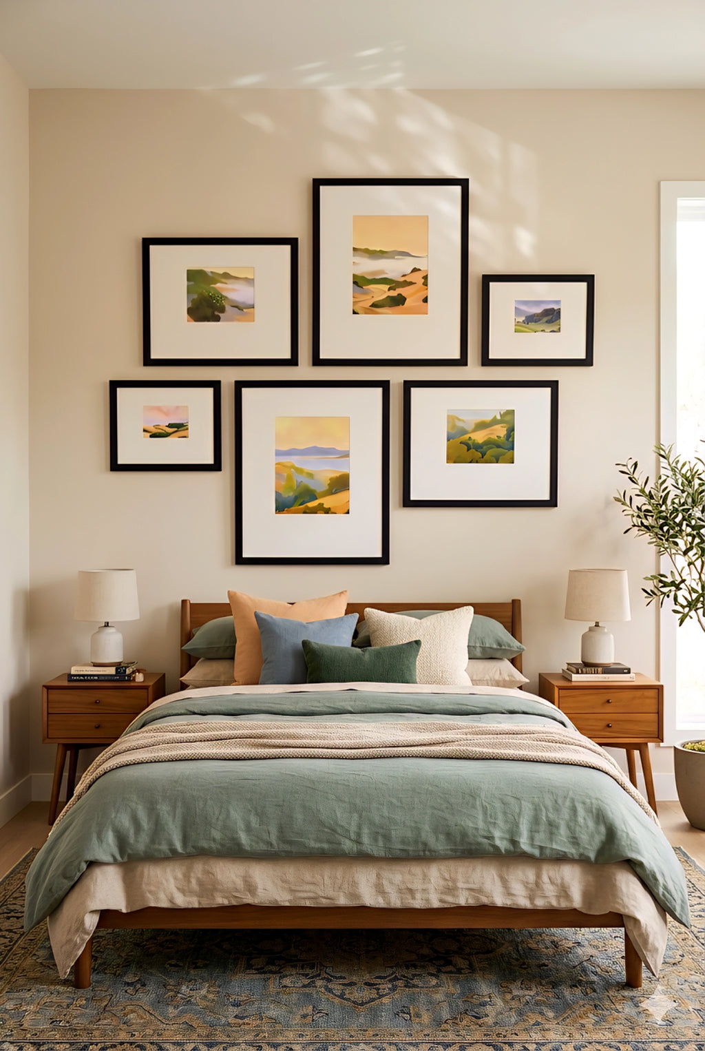 Modern landscape gallery wall set of 7 printable art prints in warm neutral tones arranged above a bed, oversized bedroom wall decor bundle with black frames and layout guide for an easy designer look