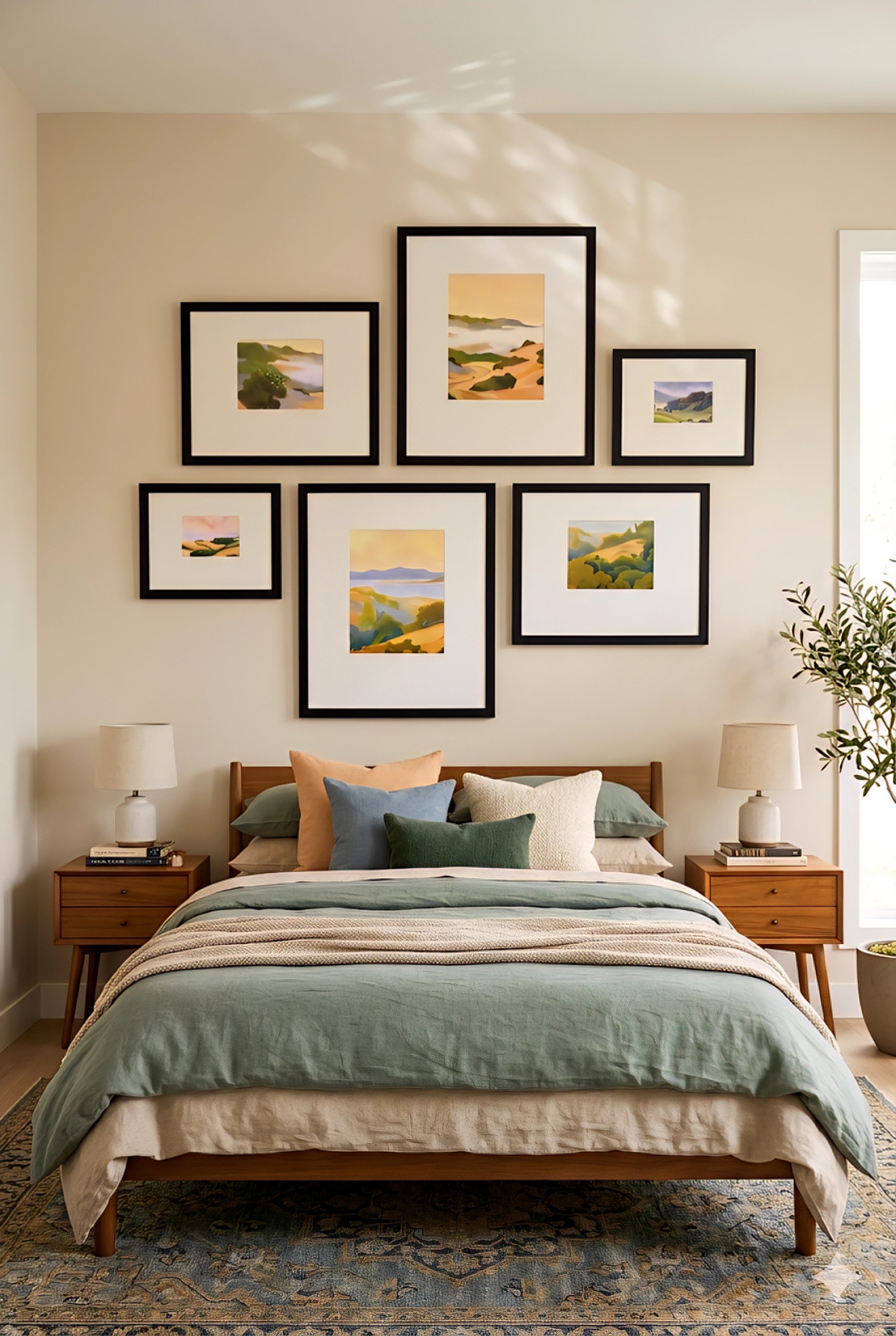 Modern landscape gallery wall set of 7 printable art prints in warm neutral tones arranged above a bed, oversized bedroom wall decor bundle with black frames and layout guide for an easy designer look