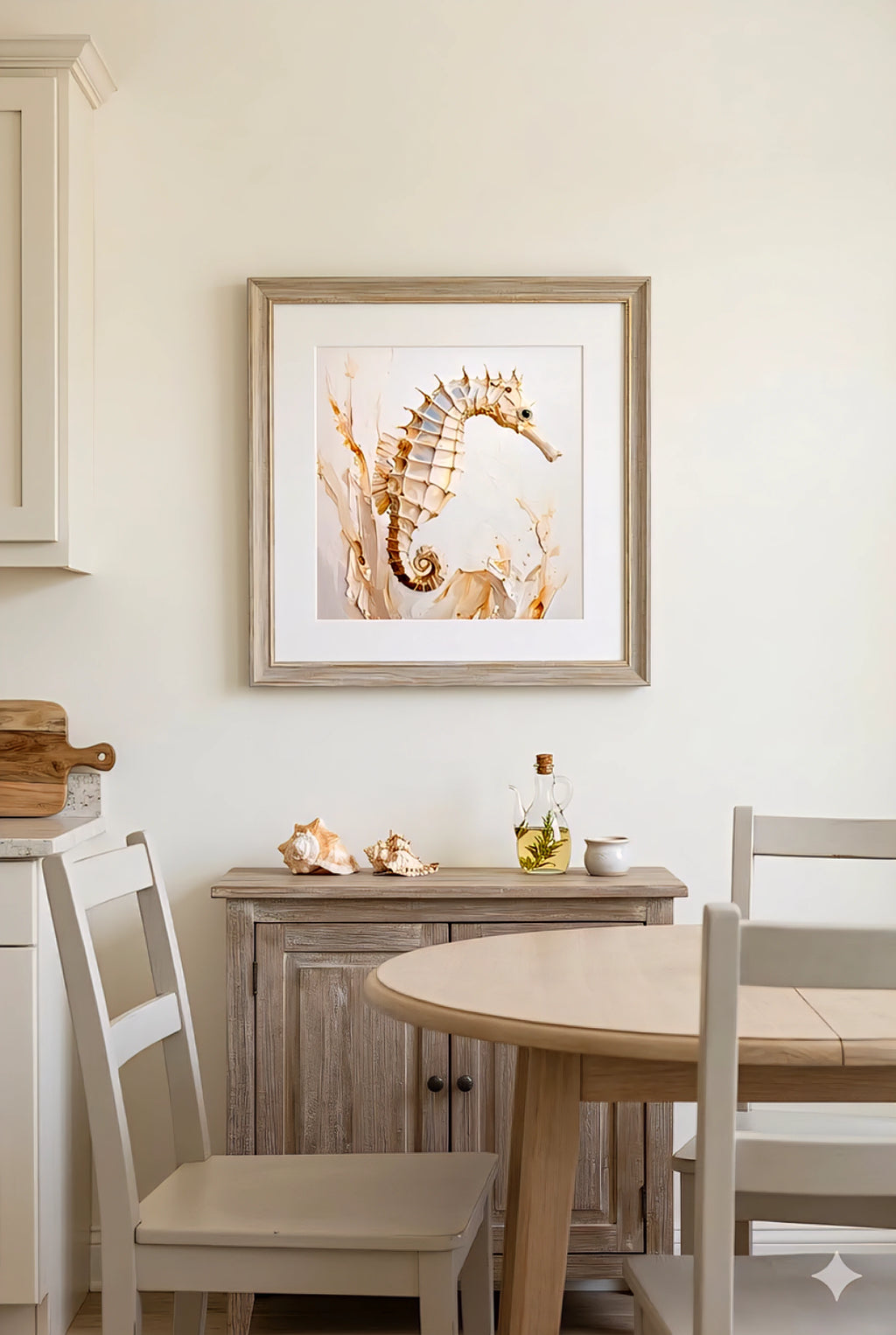 Dining room with an artwork of a seahorse made from digital download on the wall, wooden table, and chairs.