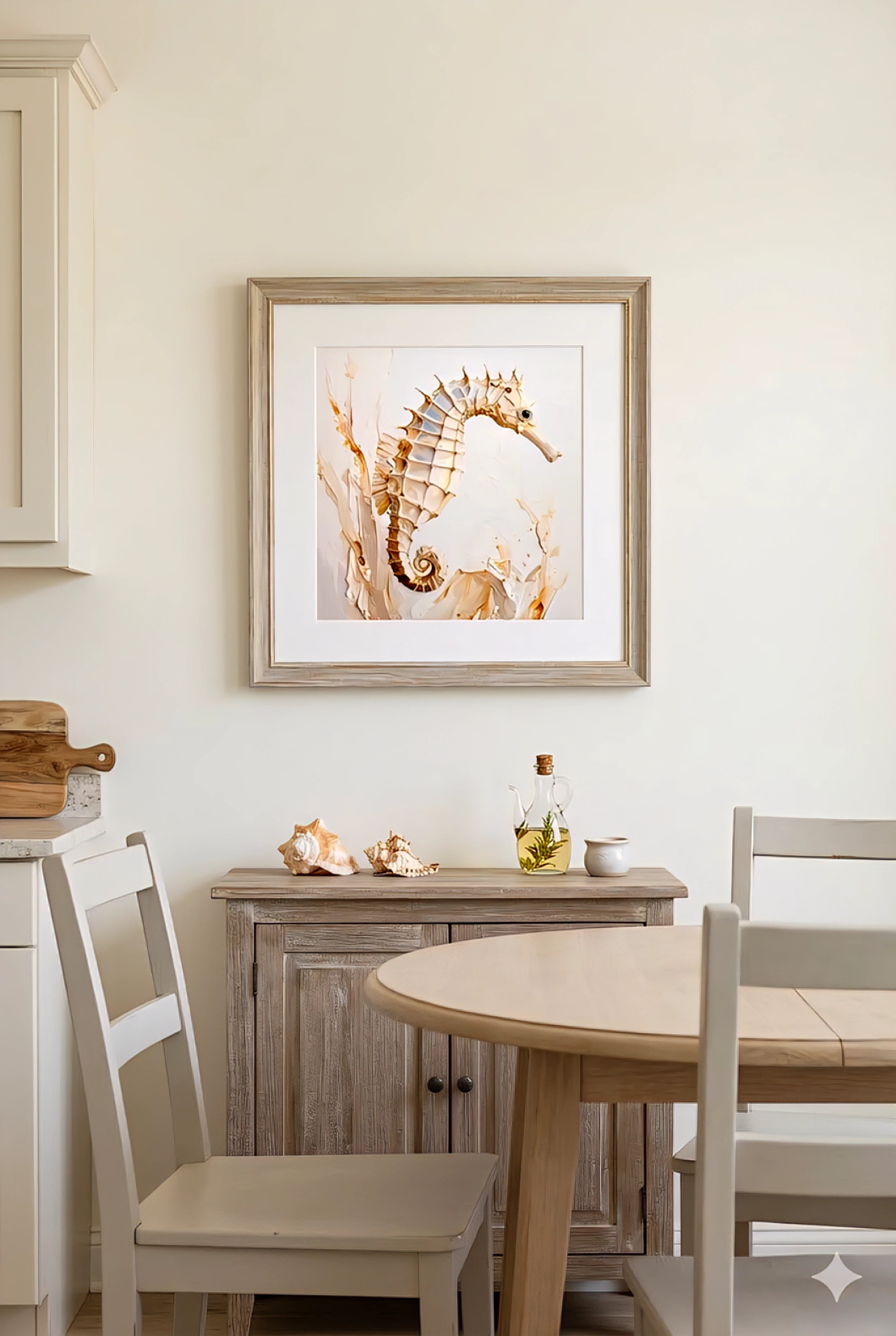 Dining room with an artwork of a seahorse made from digital download on the wall, wooden table, and chairs.