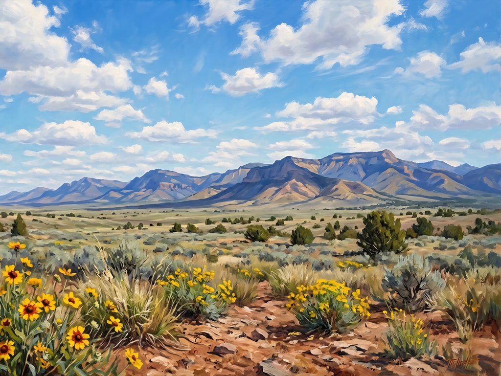 Horizontal desert mountain landscape wall art printable, southwest scenery with blue sky, wildflowers, and wide open plains