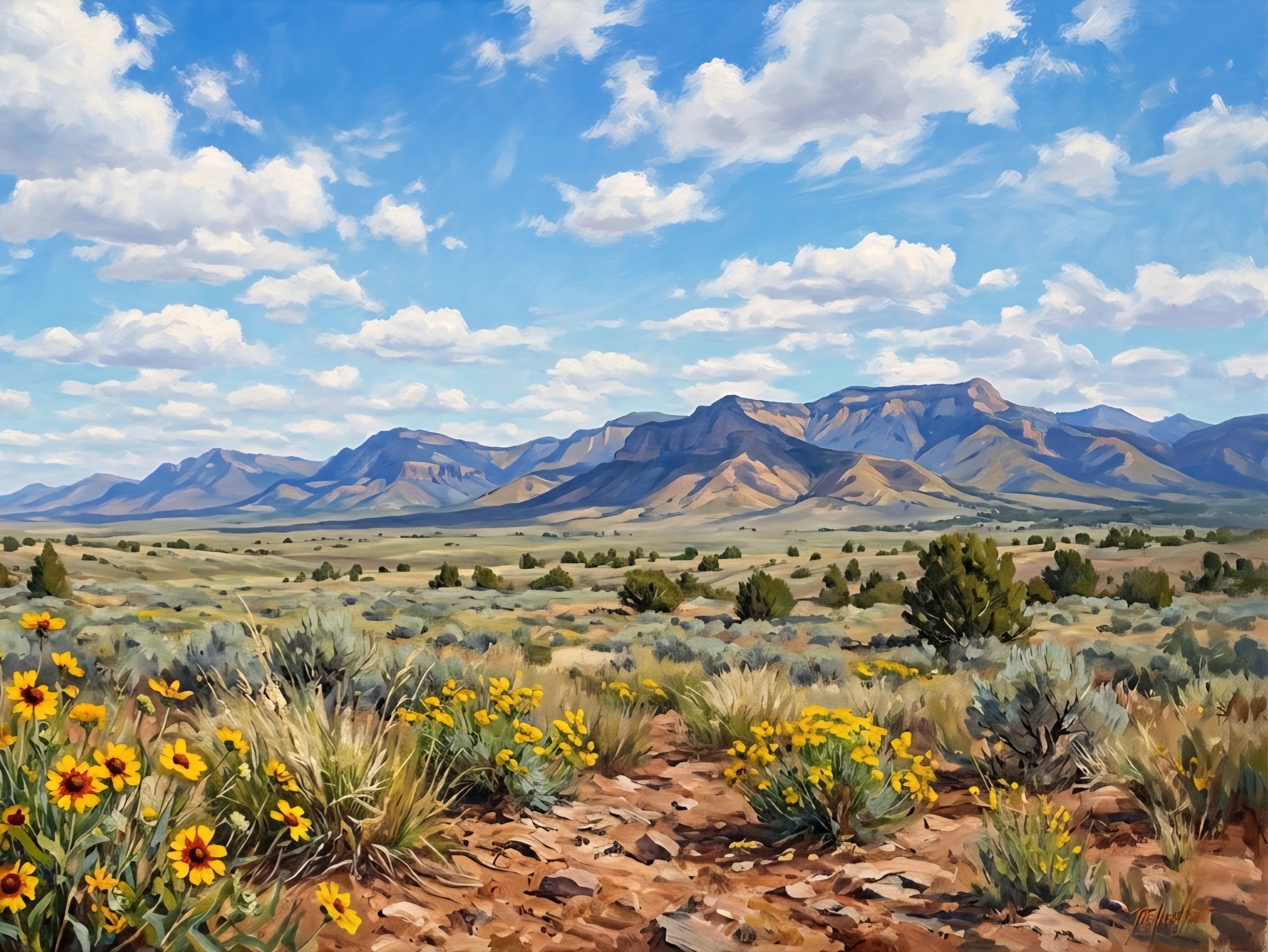 Horizontal desert mountain landscape wall art printable, southwest scenery with blue sky, wildflowers, and wide open plains