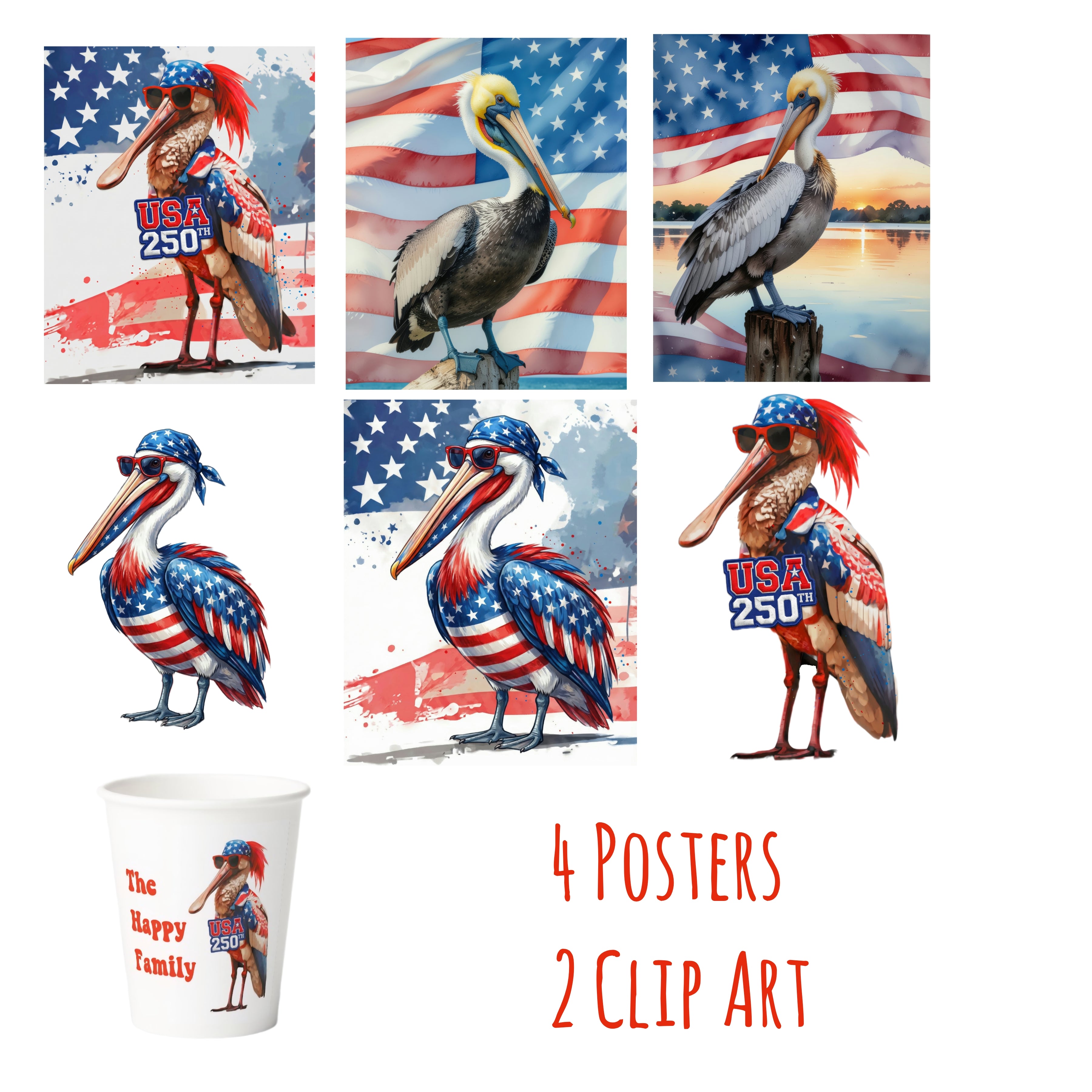 Collection of patriotic-themed products including posters and clip art featuring birds and American flags.