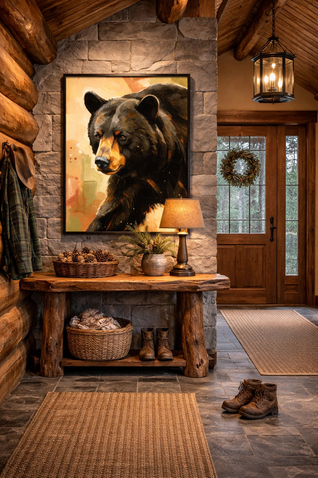 Black bear wall art in rustic lodge entryway with stone wall, wood beams, console table, and warm cabin decor