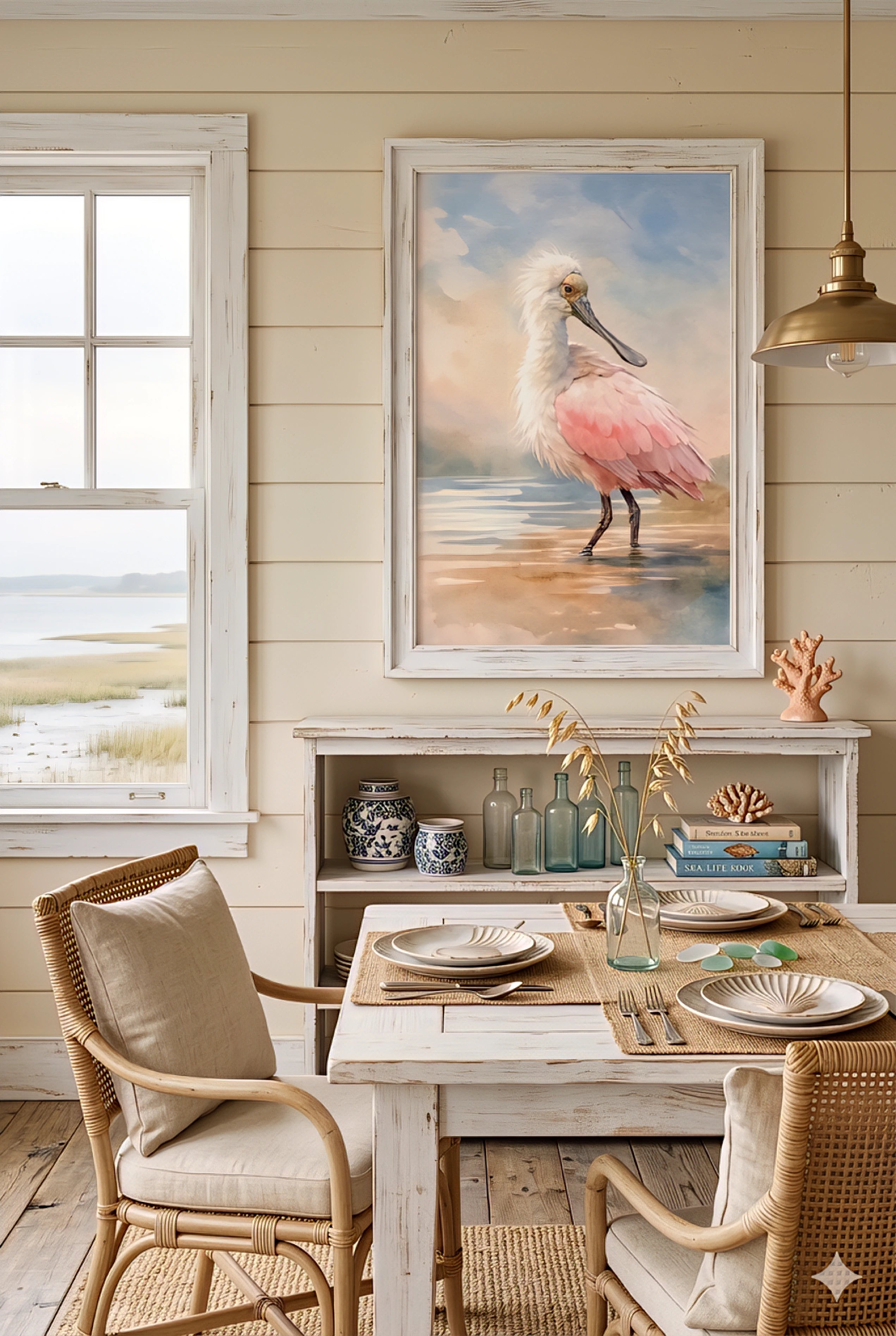 Coastal Dining room with  large digitally downloaded painting of a spoonbill bird on the wall.
