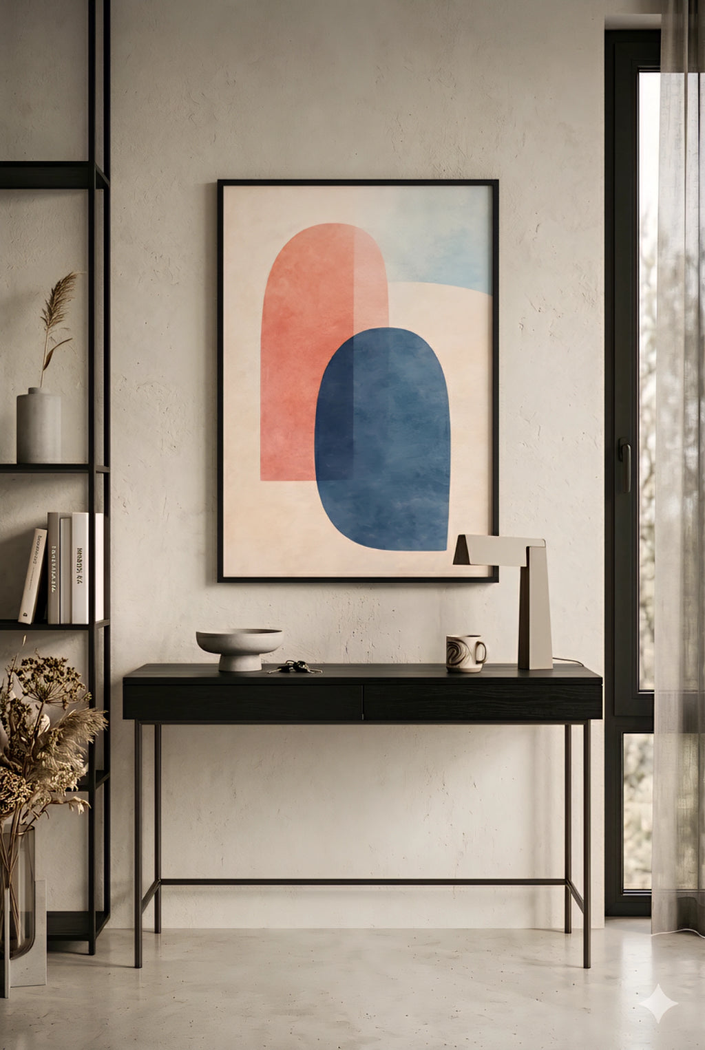 Modern interior with a black desk, abstract art, and decorative items.