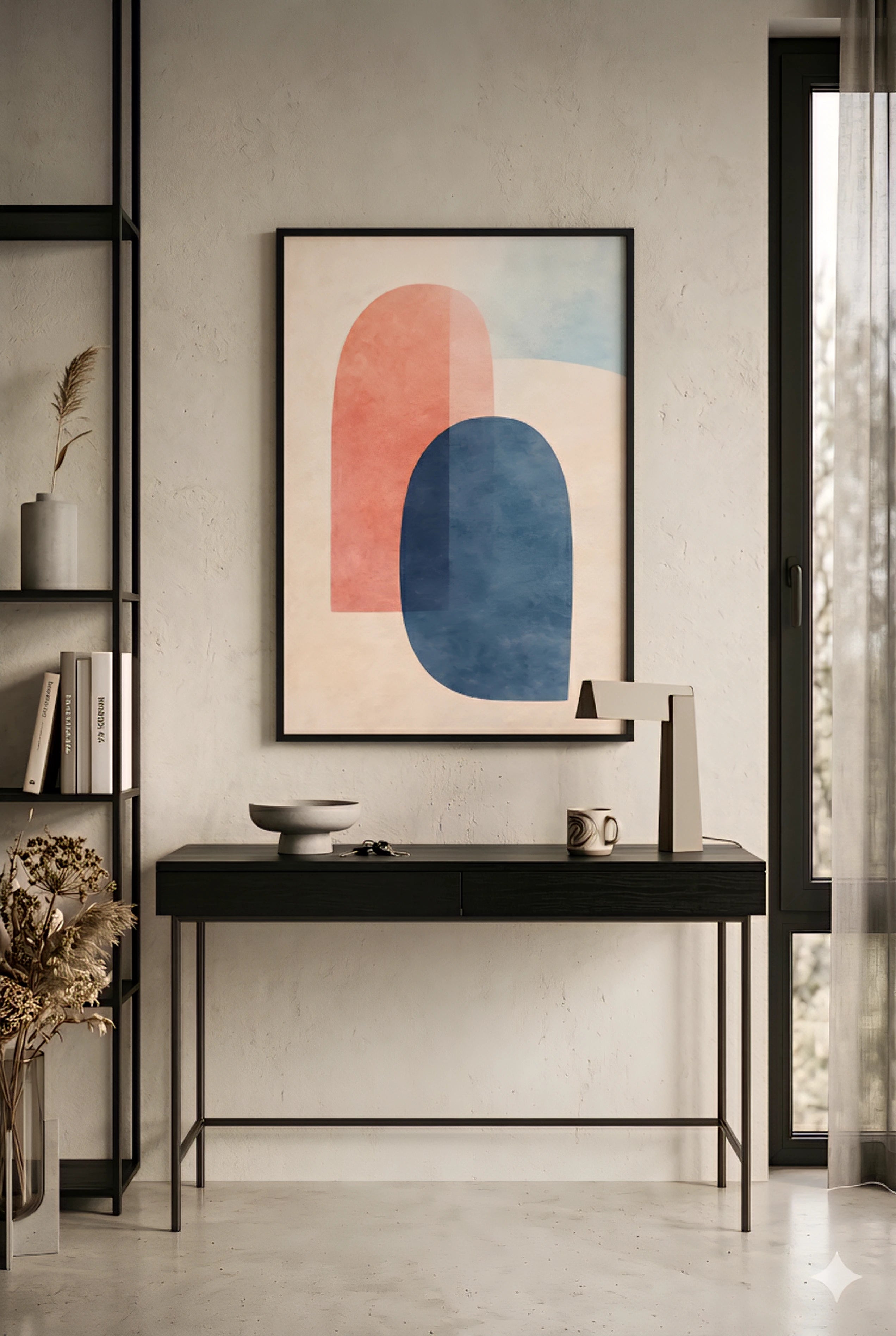 Modern interior with a black desk, abstract art, and decorative items.