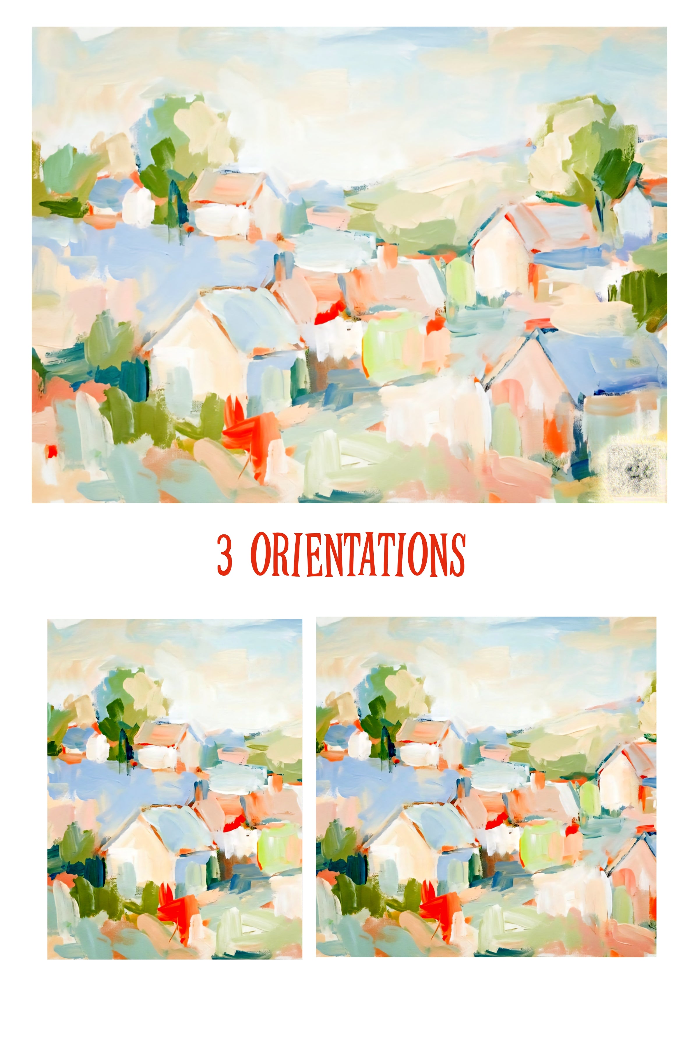 Colorful abstract village scene with three orientations displayed.