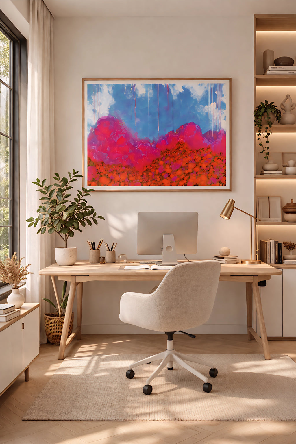 Large horizontal colorful abstract landscape wall art above light wood desk in bright modern home office with plants, soft neutrals, and warm natural light, printable digital download