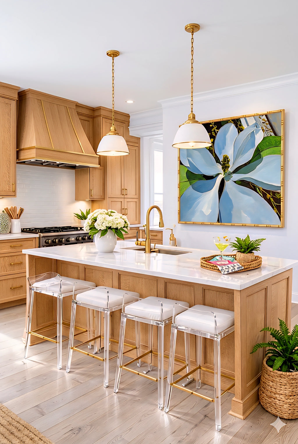 Magnolia wall art printable displayed in bright modern kitchen, large white floral artwork above kitchen island, botanical digital download with brass accents, neutral elegant home decor print