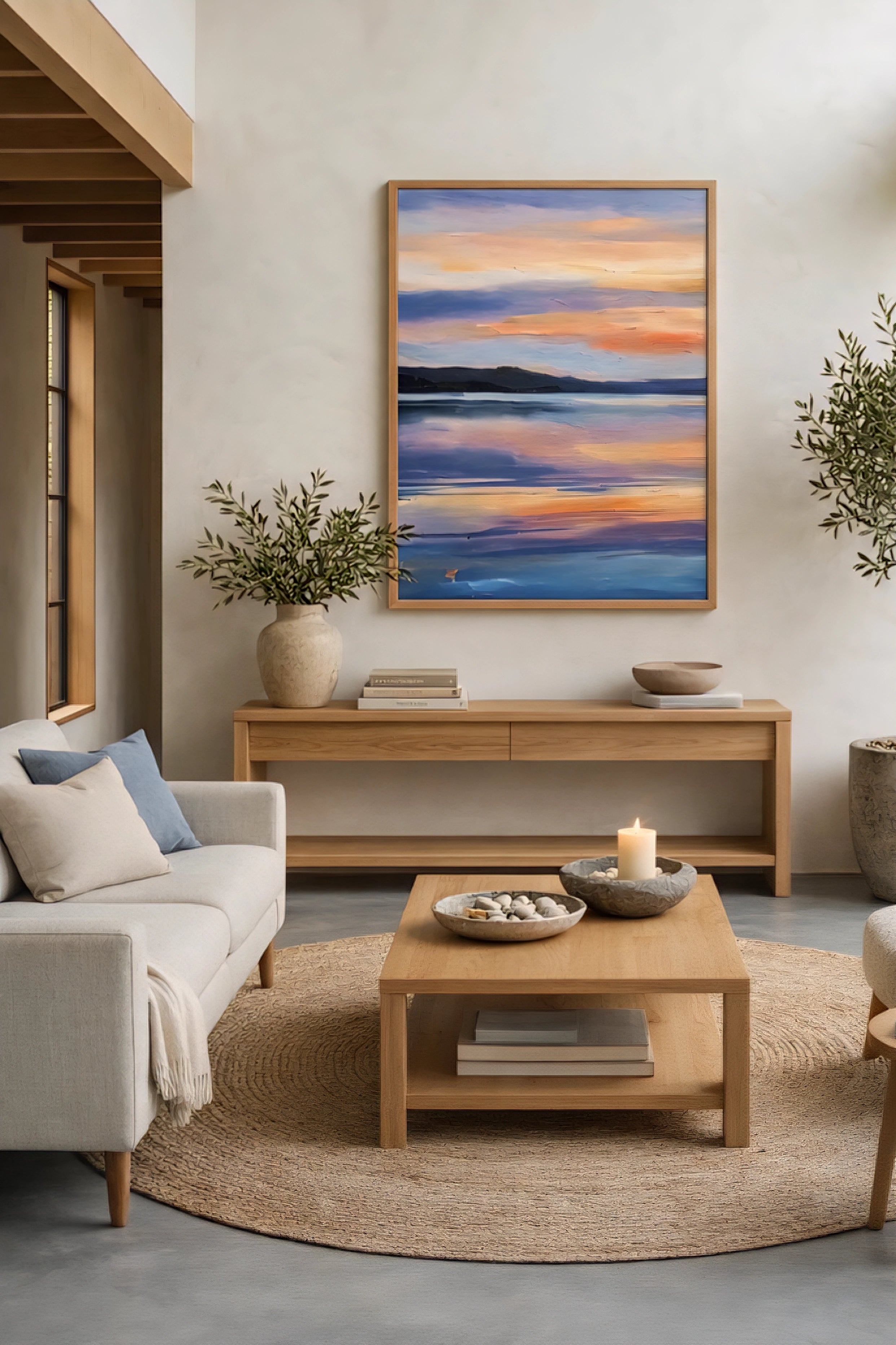 Large framed abstract sunset lake wall art in warm neutral living room with wood furniture and soft textures, printable digital download decor