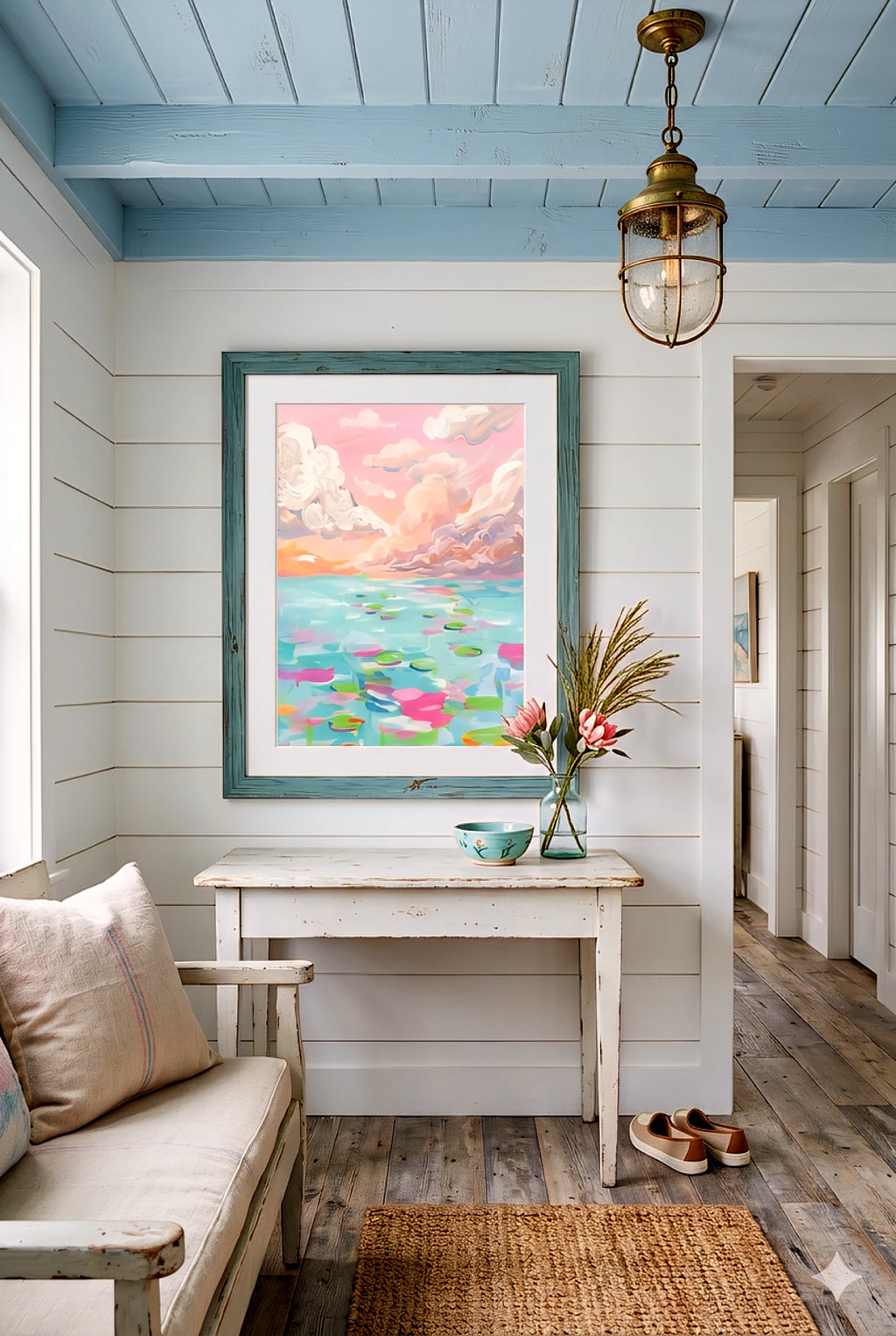 Digital download coastal ocean sunset wall art in beach cottage entryway, pastel seascape print in rustic coastal home