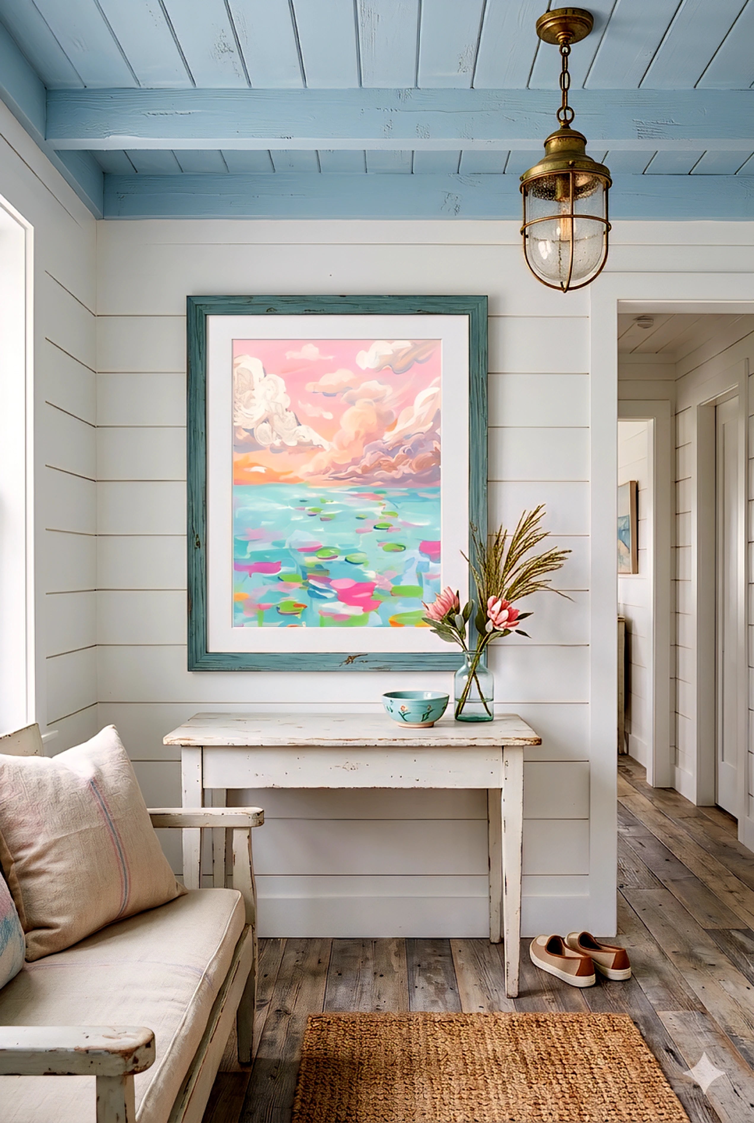 Digital download coastal ocean sunset wall art in beach cottage entryway, pastel seascape print in rustic coastal home