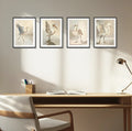 Four framed digital  prints of coastal  birds on a wall above a desk with a lamp and chair.
