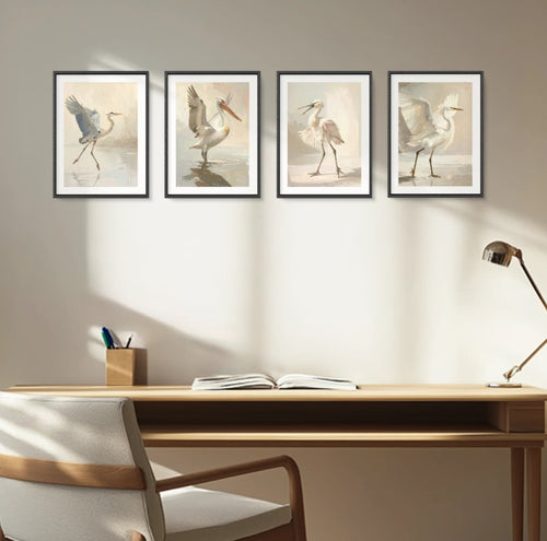 Four framed digital  prints of coastal  birds on a wall above a desk with a lamp and chair.