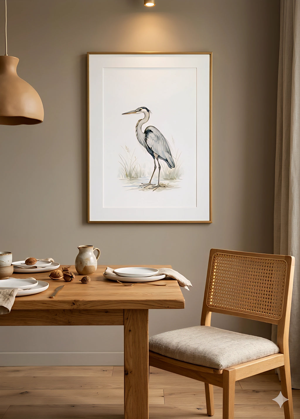 Neutral heron wall art composed with digtal download in warm minimalist dining room