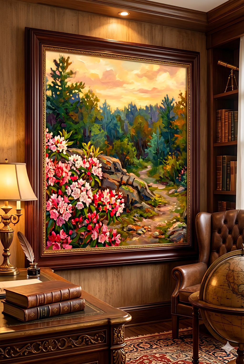 Floral landscape wall art printable in classic wood study with ornate frame, colorful nature painting digital download for elegant statement decor