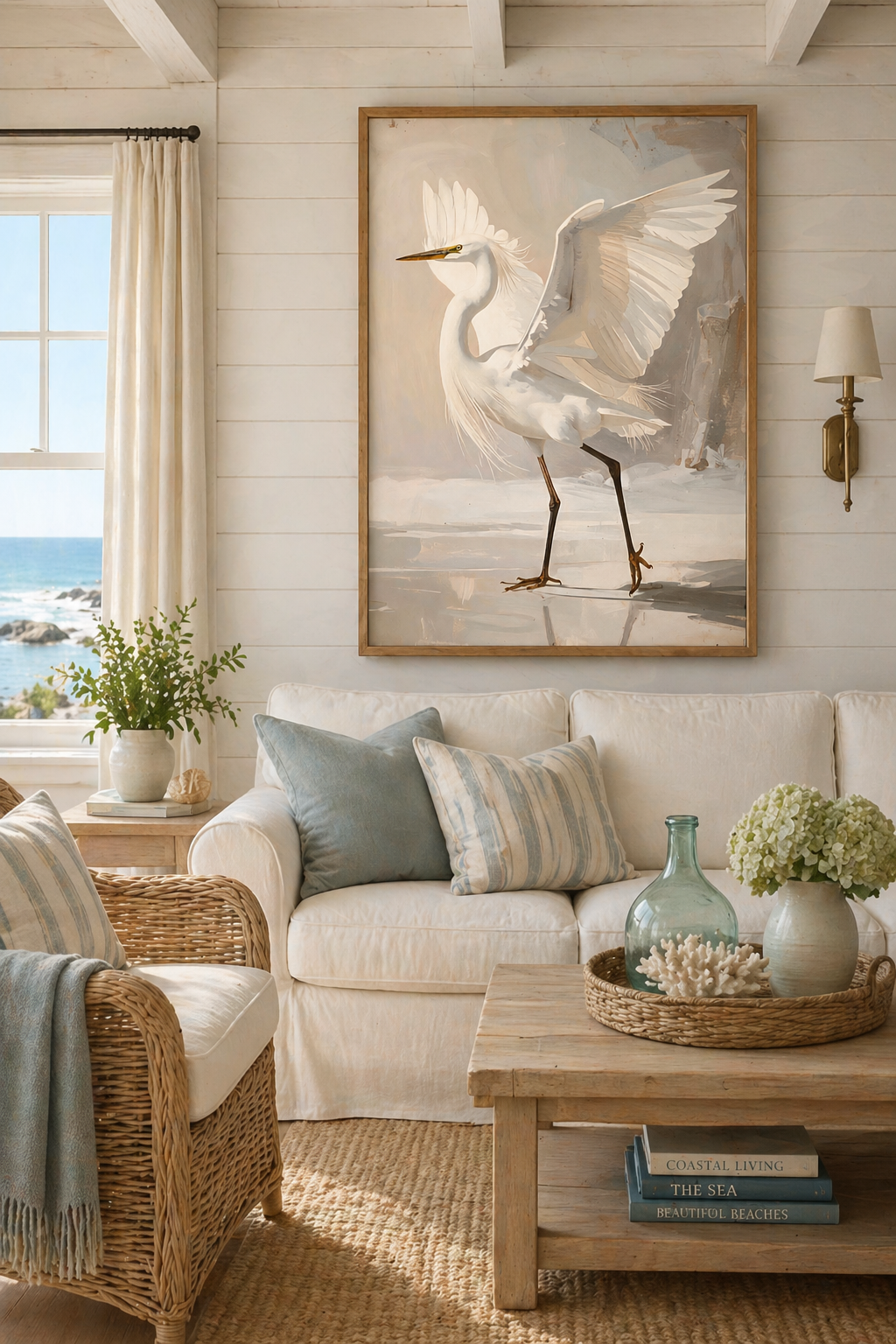 Warm neutral egret digital print in coastal living room