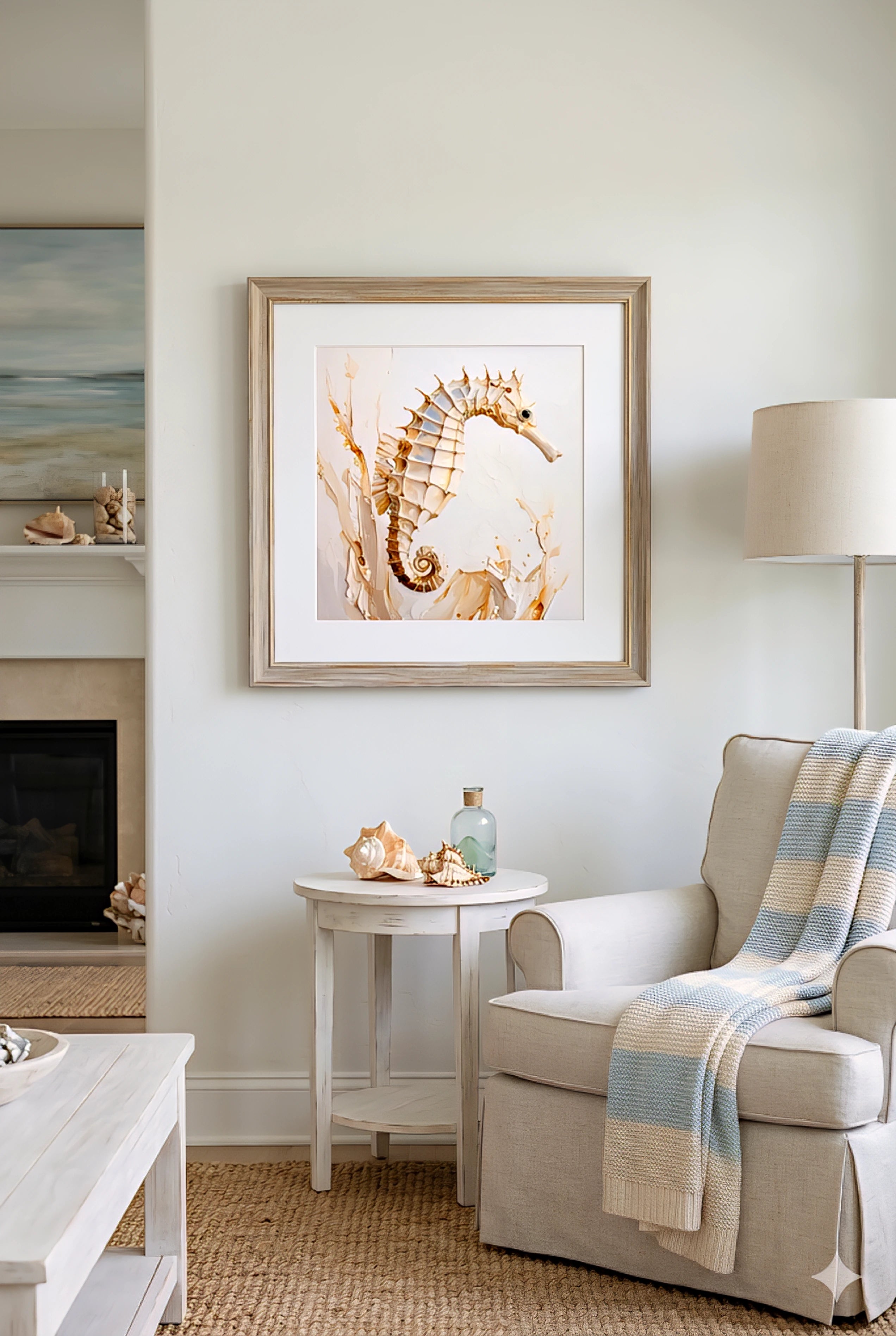 Coastal Living room with a  picture of a seahorse made from digital download, a lamp, and a fireplace.