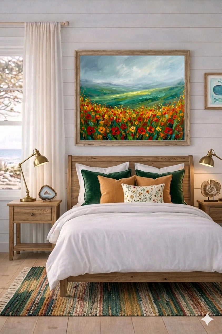 Stormy poppy field wall art above bed in cozy bedroom, bold floral landscape printable decor