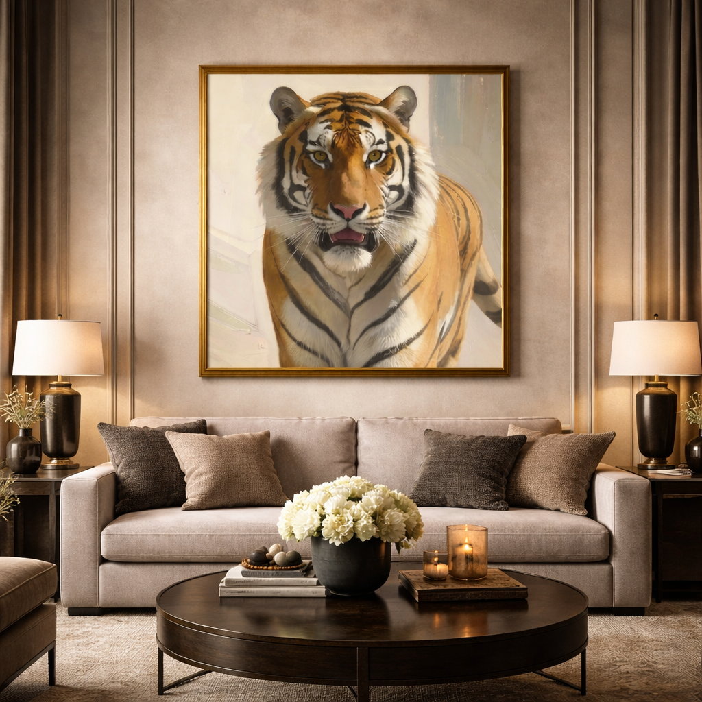 Tiger wall art printable above sofa in neutral modern living room