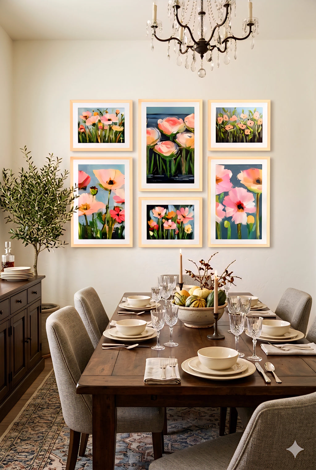 floral gallery wall art set of 6 printable flower prints in light wood frames styled above dining table in warm elegant dining room with chandelier and neutral decor