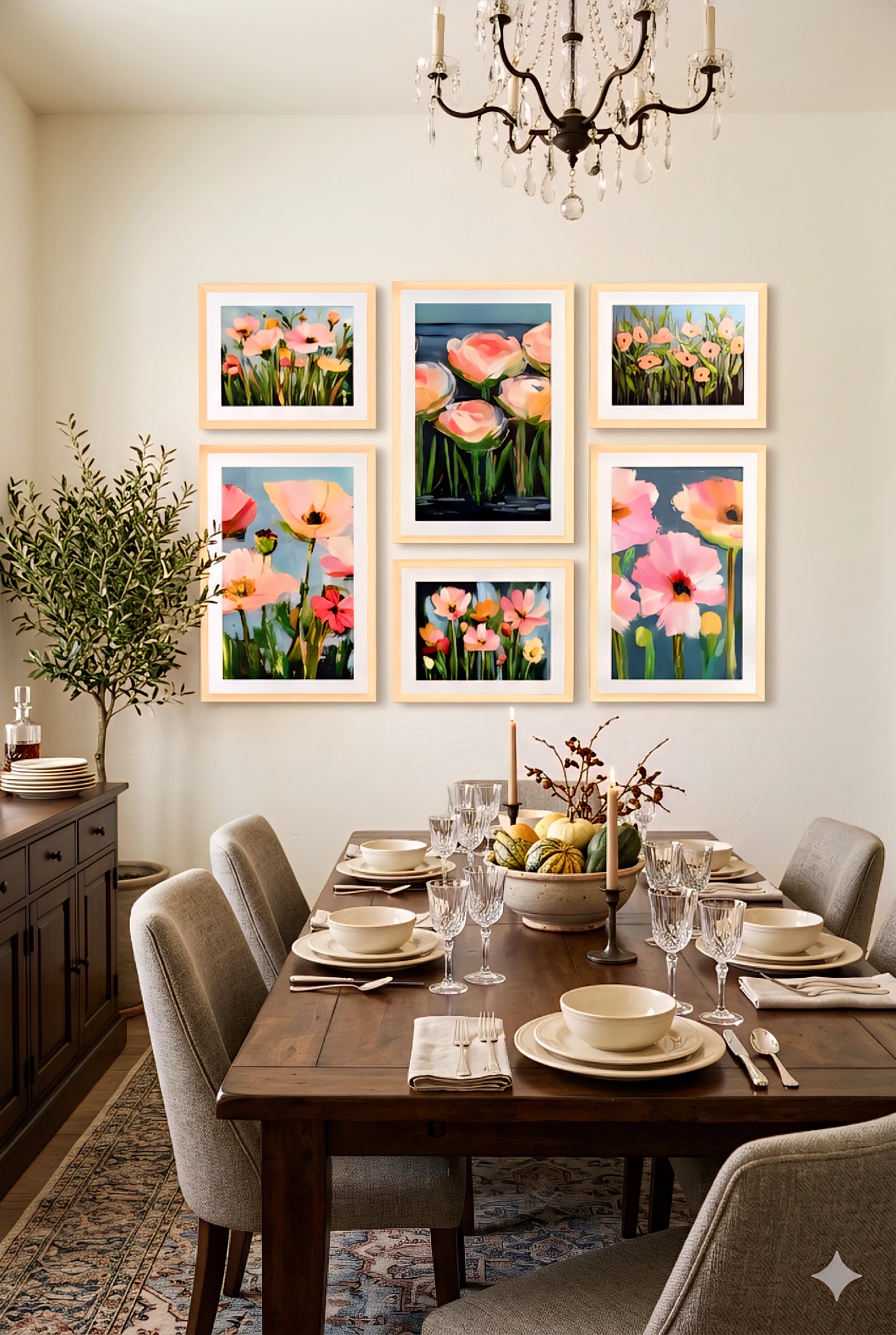 floral gallery wall art set of 6 printable flower prints in light wood frames styled above dining table in warm elegant dining room with chandelier and neutral decor