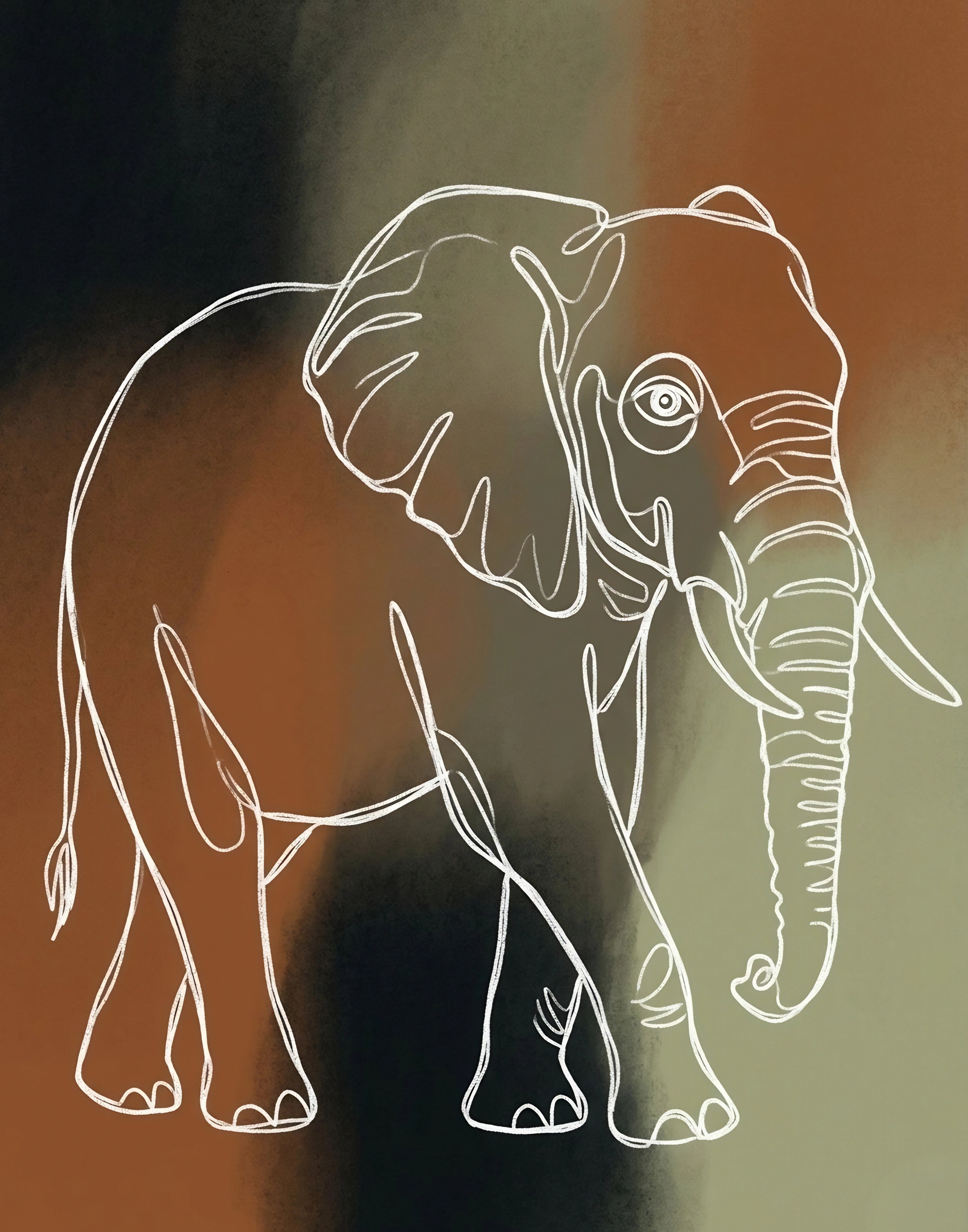 Elephant line art wall art digital download in earth tones with minimalist safari style on warm abstract background