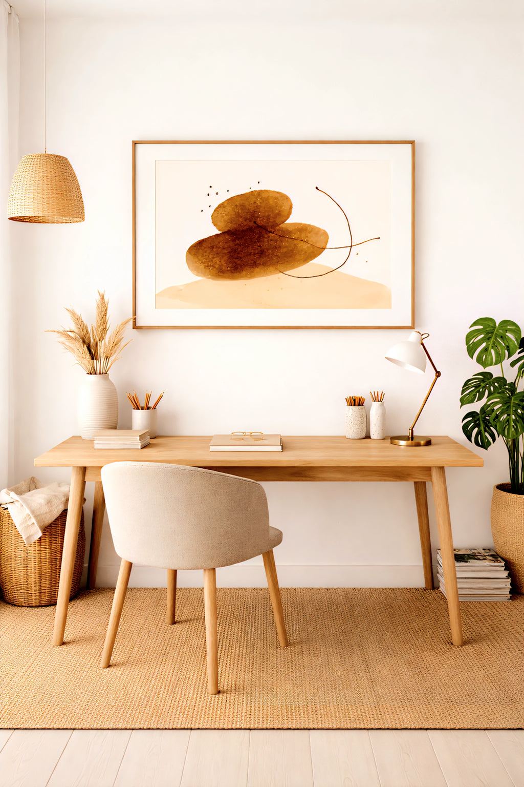 Neutral abstract wall art printable above light wood desk in bright minimalist home office with natural textures and soft beige tones