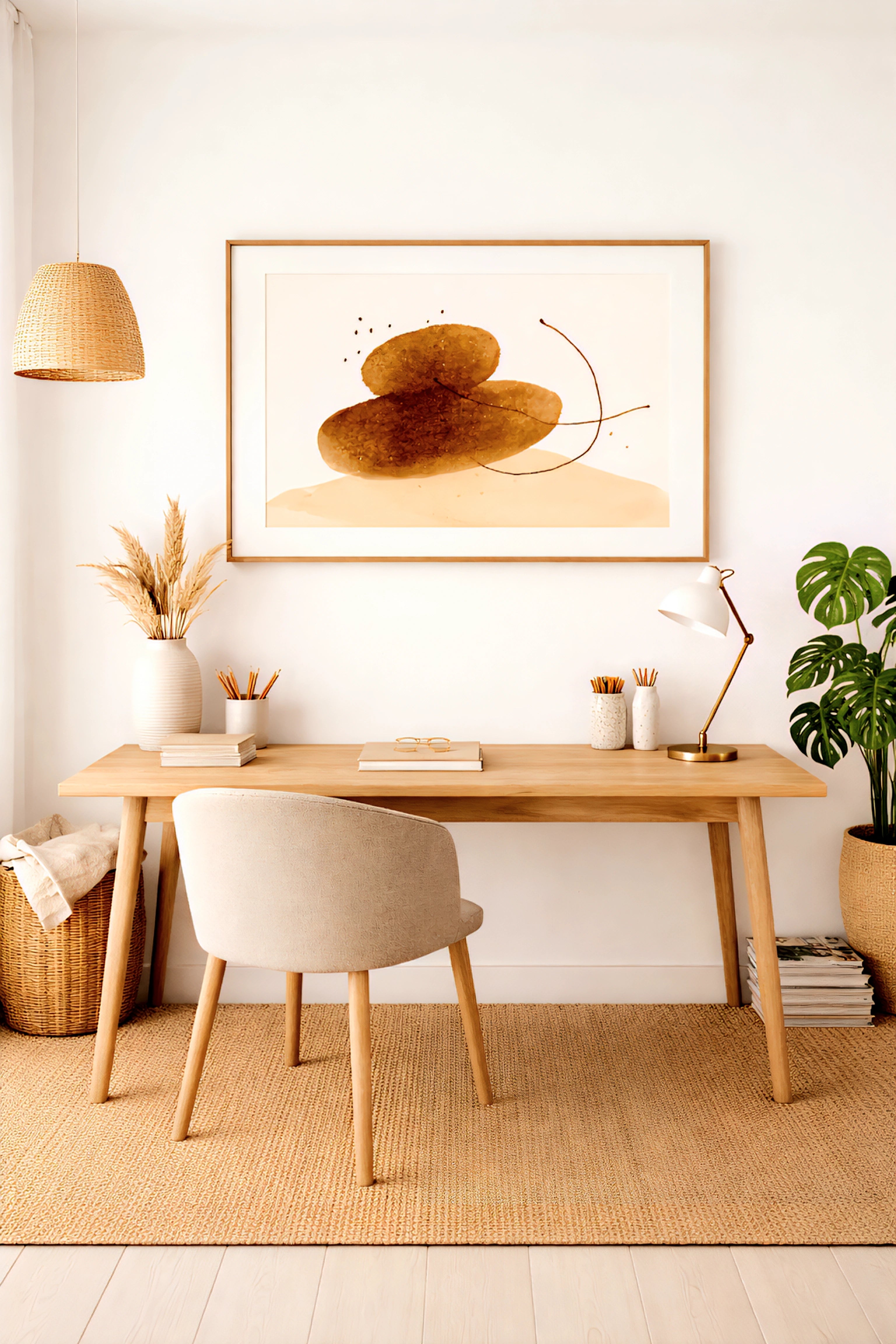 Neutral abstract wall art printable above light wood desk in bright minimalist home office with natural textures and soft beige tones