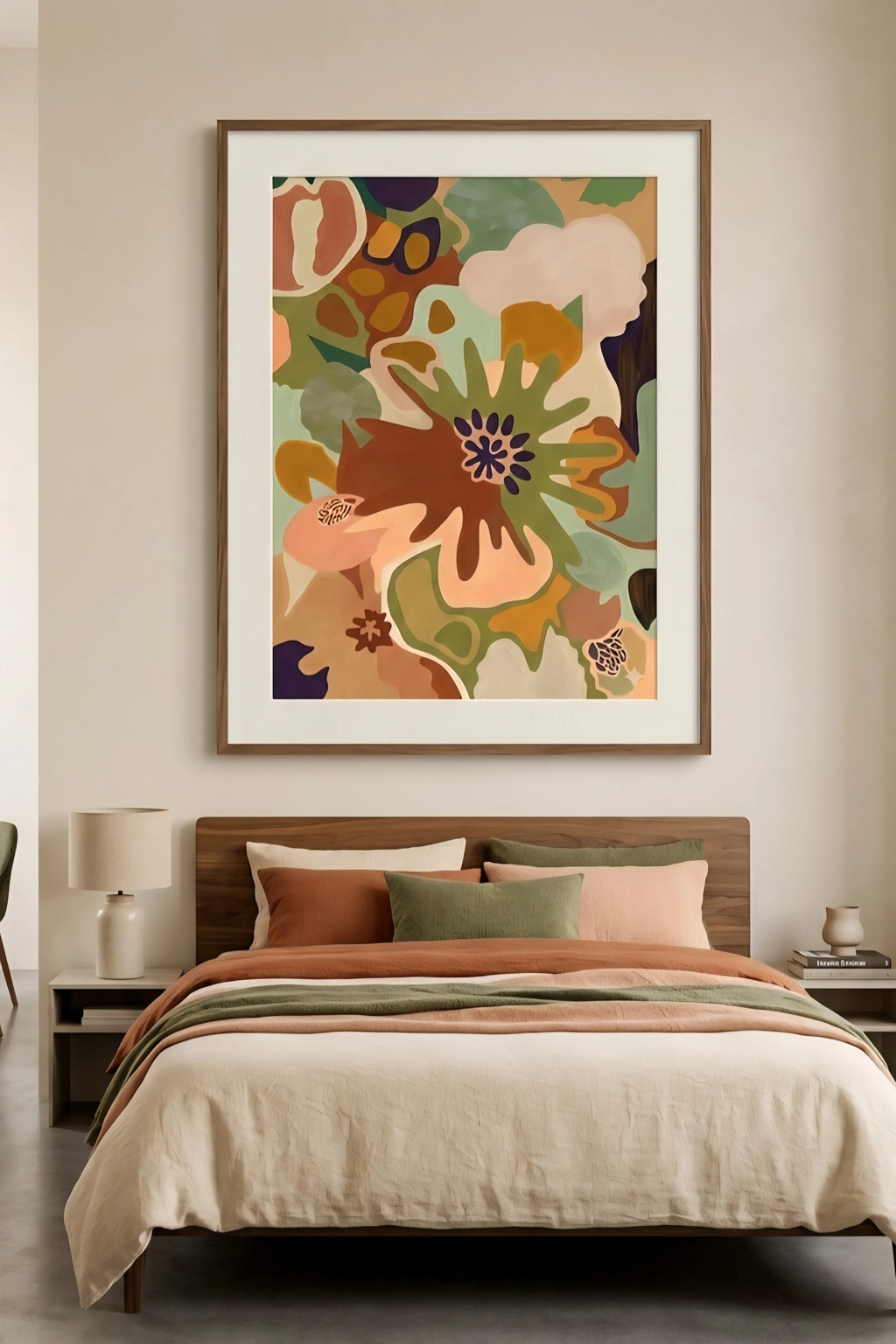 Abstract botanical wall art in modern bedroom above bed with neutral bedding, earthy tone printable artwork styled as large statement decor