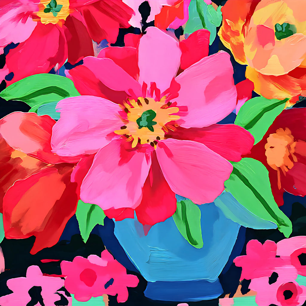 Colorful floral pattern with a blue vase on a black background