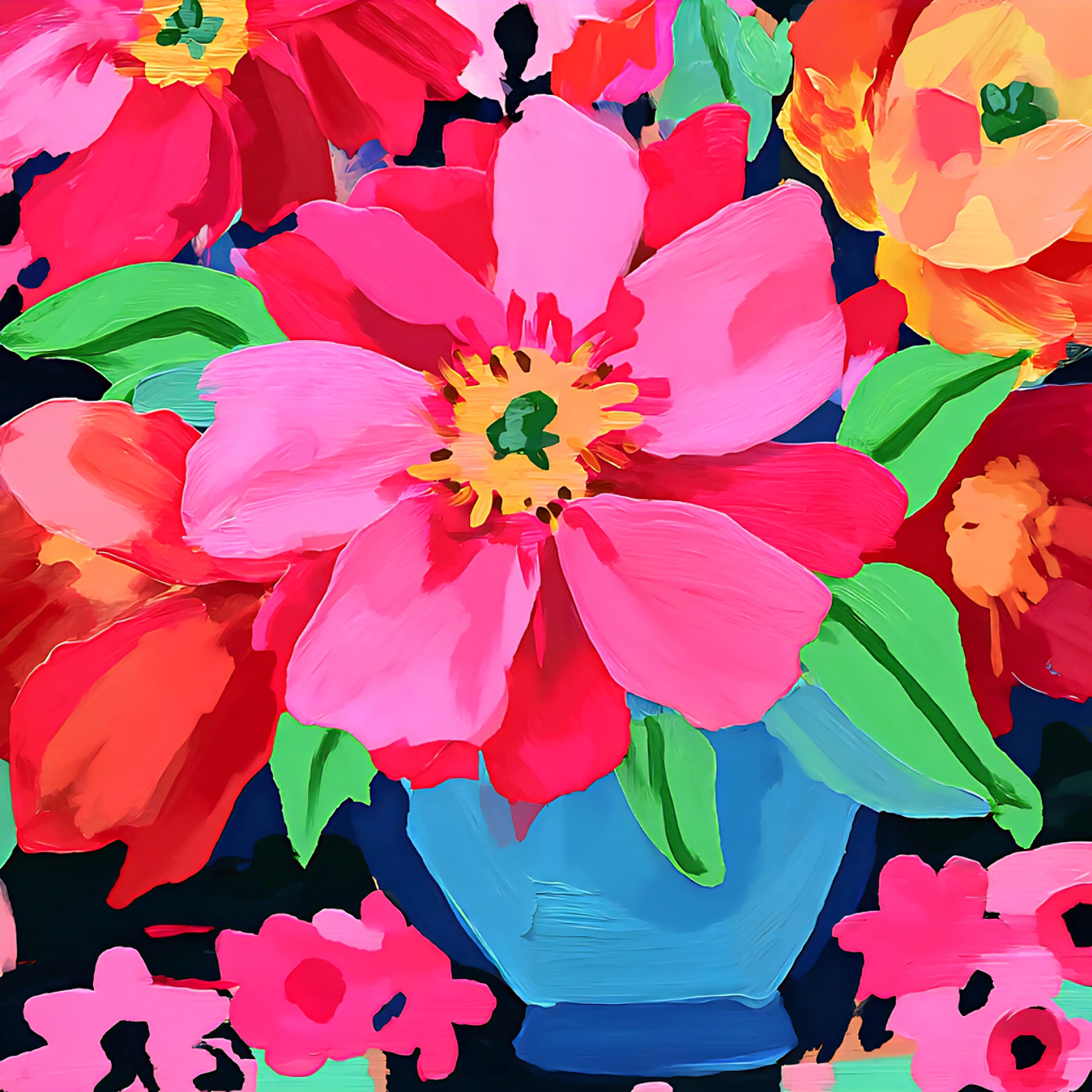 Colorful floral pattern with a blue vase on a black background
