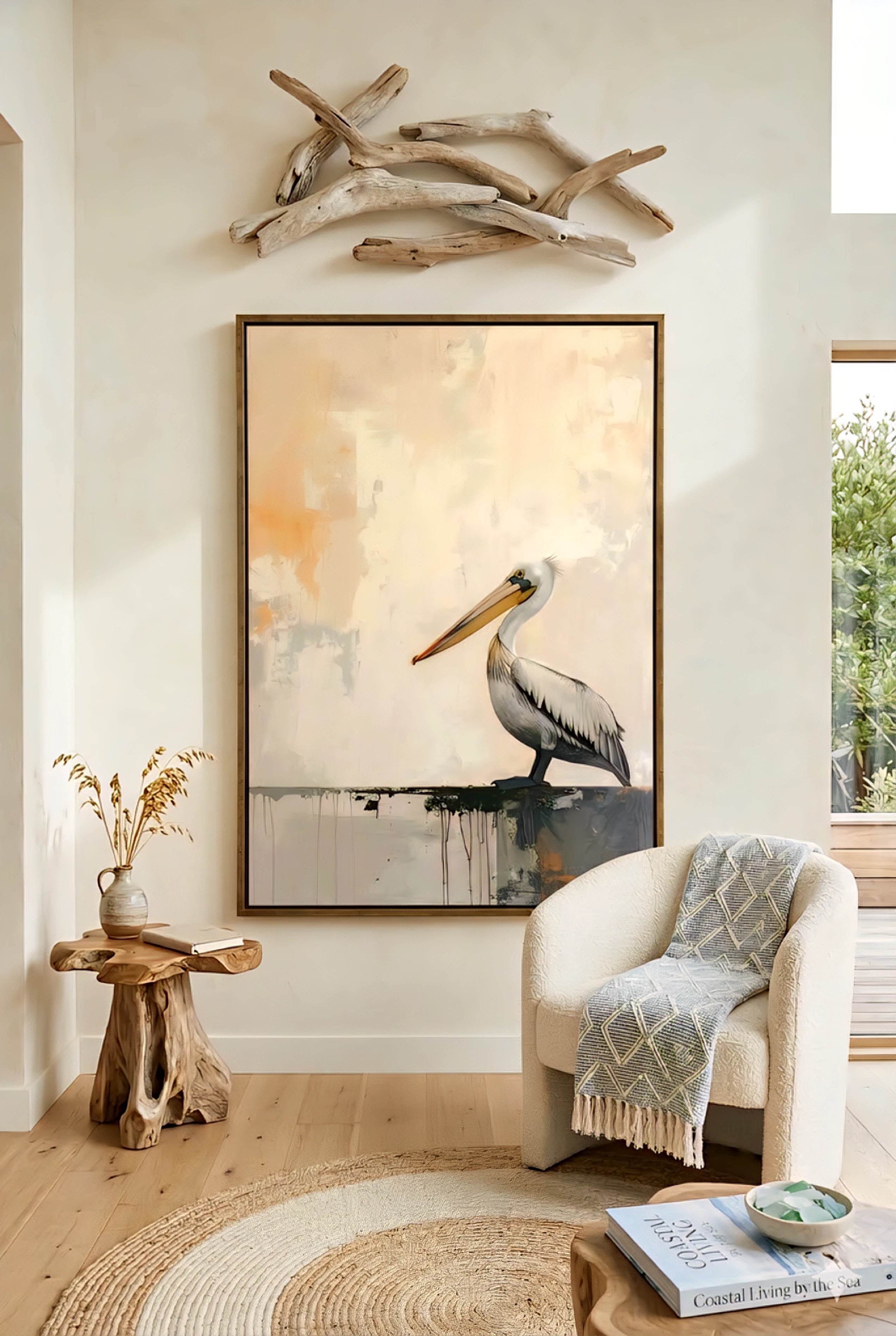 Coastal living room decor with large pelican wall art printable digital download in a neutral beach house sitting area.