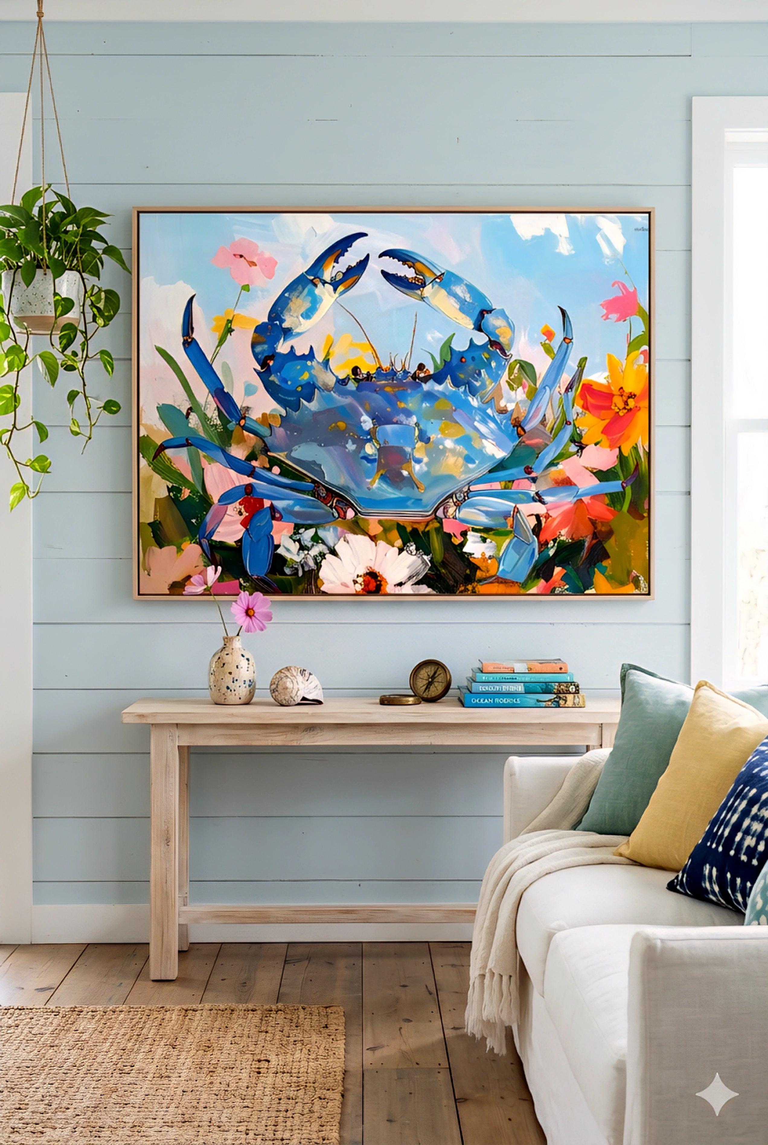 Blue crab coastal wall art in a light beach house living space with soft blue walls, natural wood table, and relaxed seaside decor accents