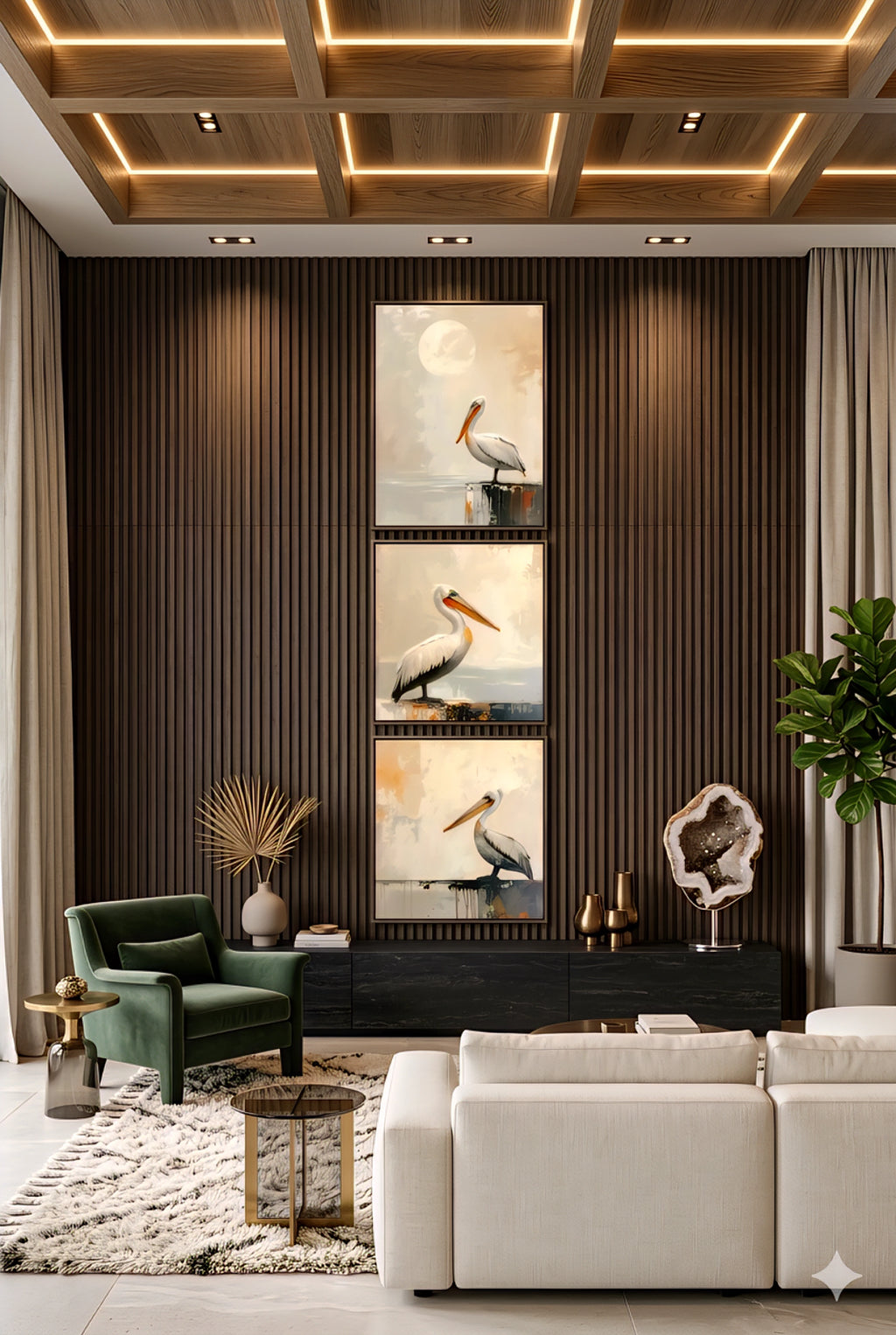 Pelican wall art set printable digital download displayed as vertical gallery in a modern living room with wood slat wall