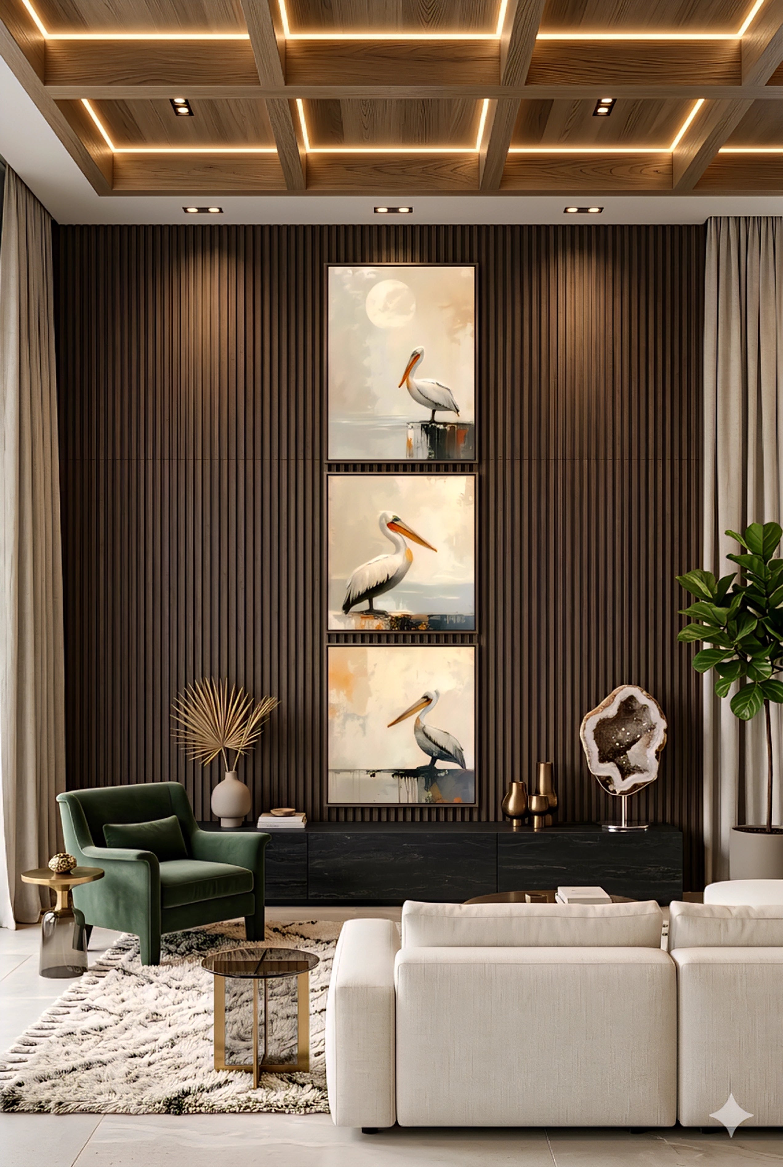 Pelican wall art set printable digital download displayed as vertical gallery in a modern living room with wood slat wall