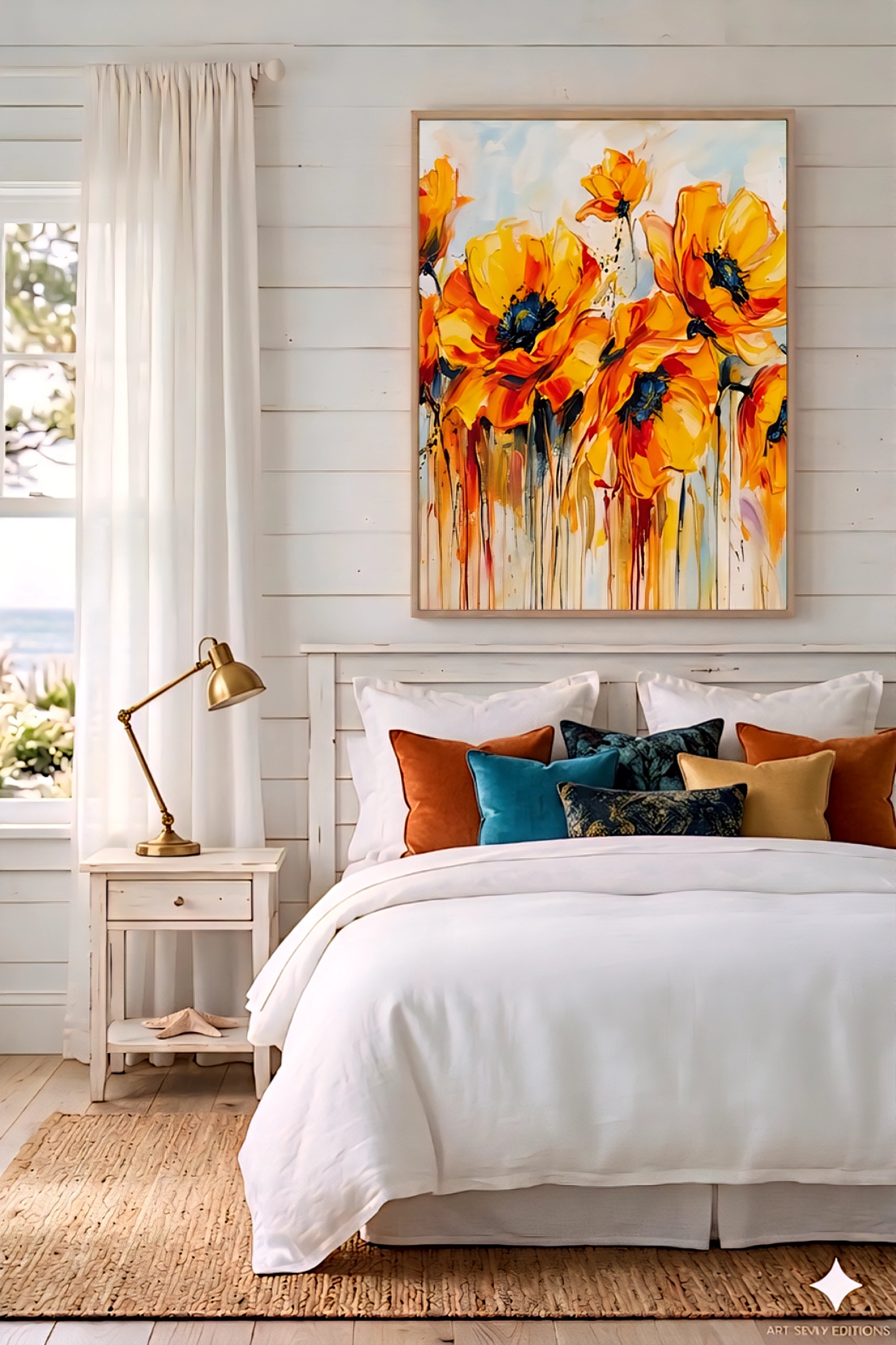 Colorful abstract yellow flower wall art displayed above a bed in a bright bedroom, large floral digital wall art print 