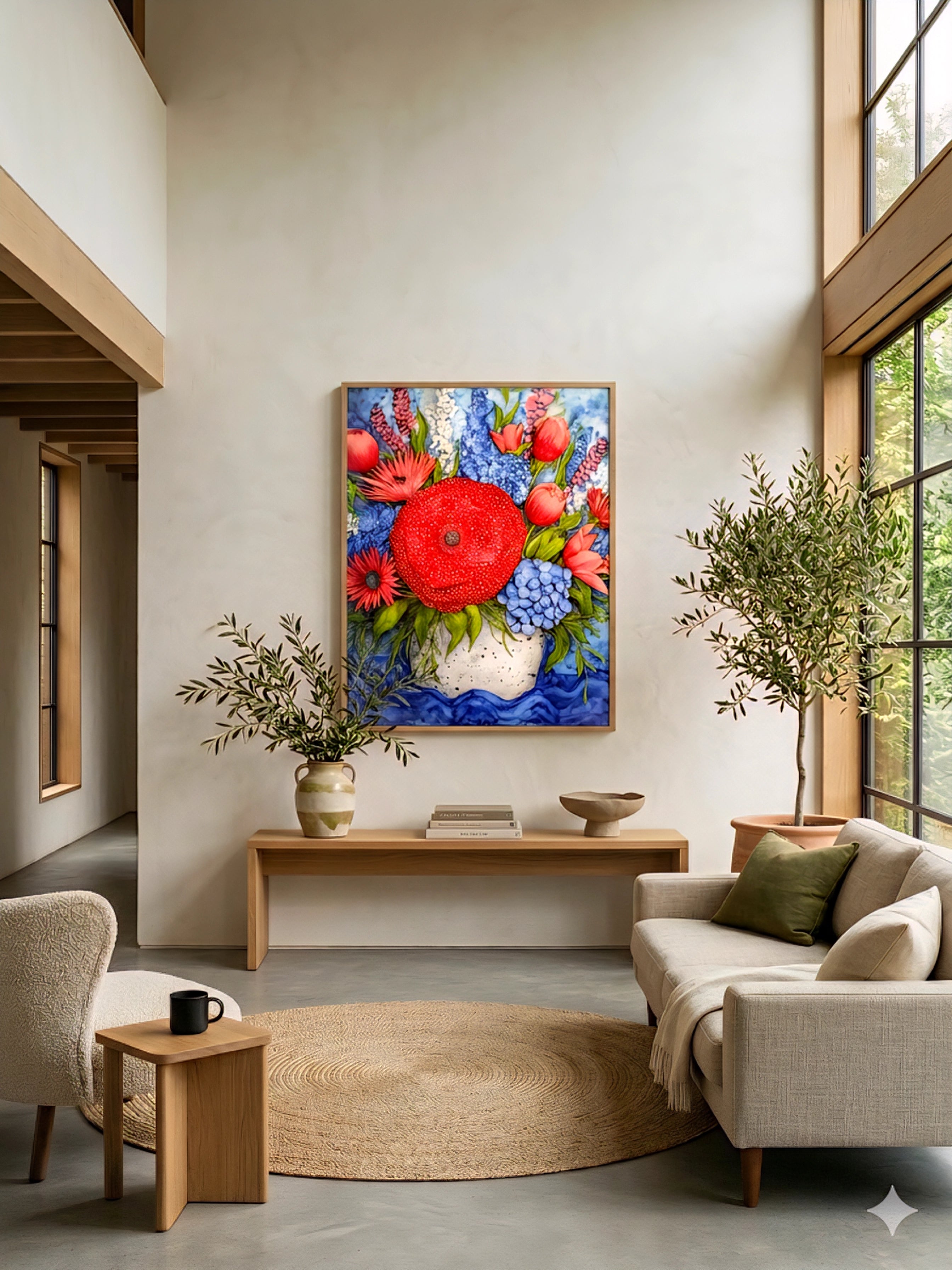 Colorful floral wall art digital download, bold red flower bouquet painting in modern organic living room with neutral decor, vertical printable artwork in 3 orientations