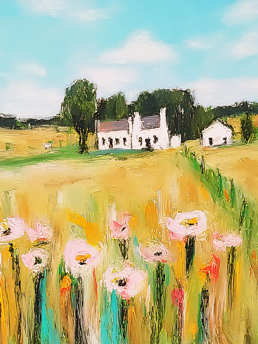 Vertical farmhouse countryside painting with soft pink flowers and golden fields