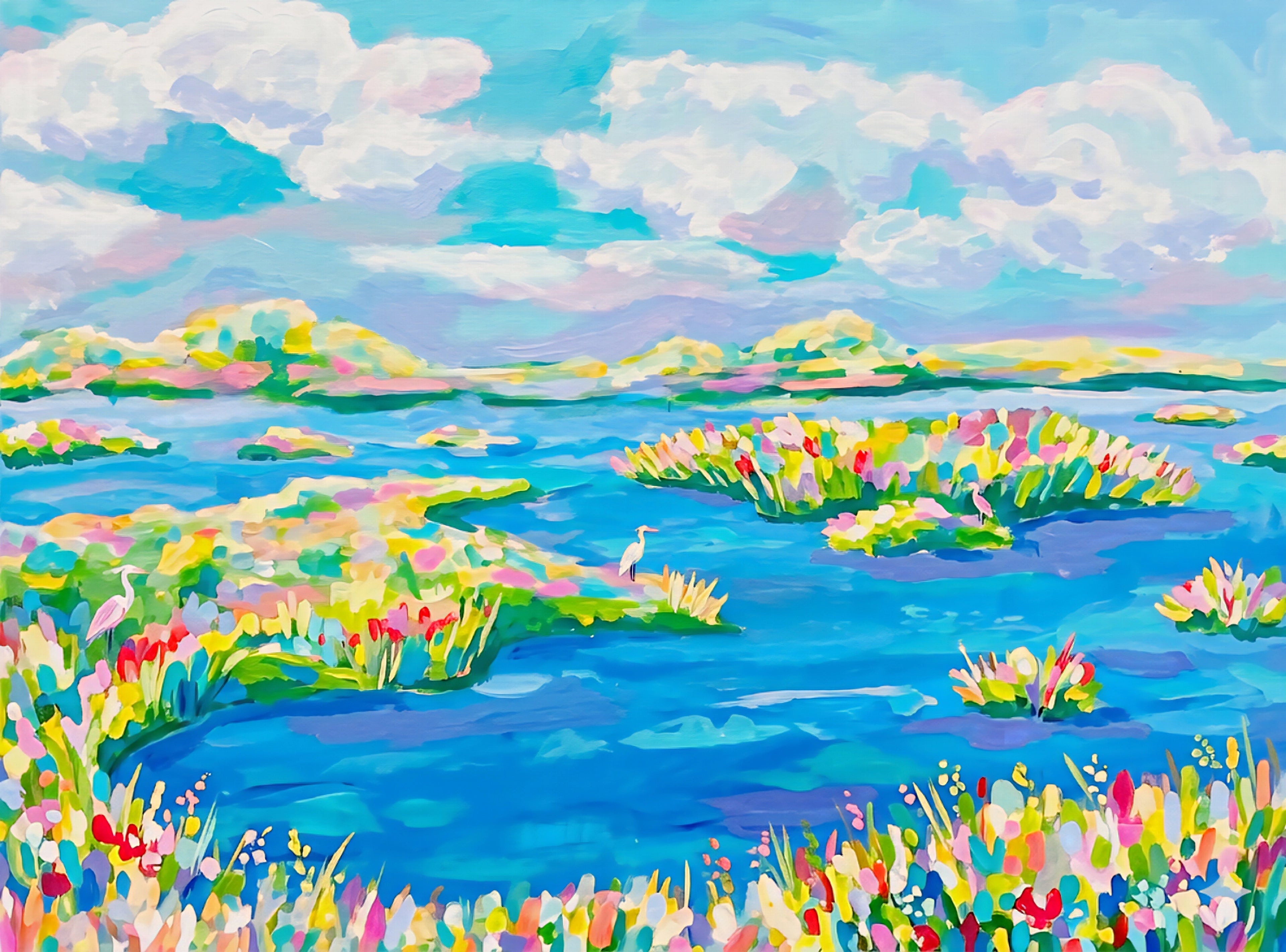 coastal marsh landscape printable wall art with blue water, colorful grasses and birds, beach house gallery wall decor digital download