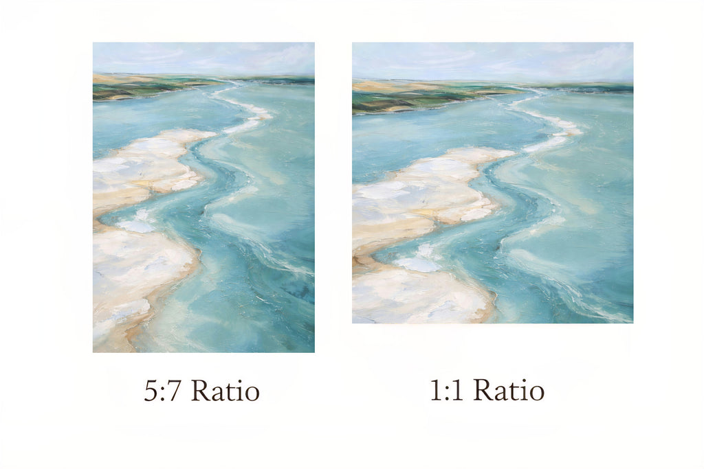 Two side-by-side images of coastal  landscape with text indicating 5:7 and 1:1 ratio.