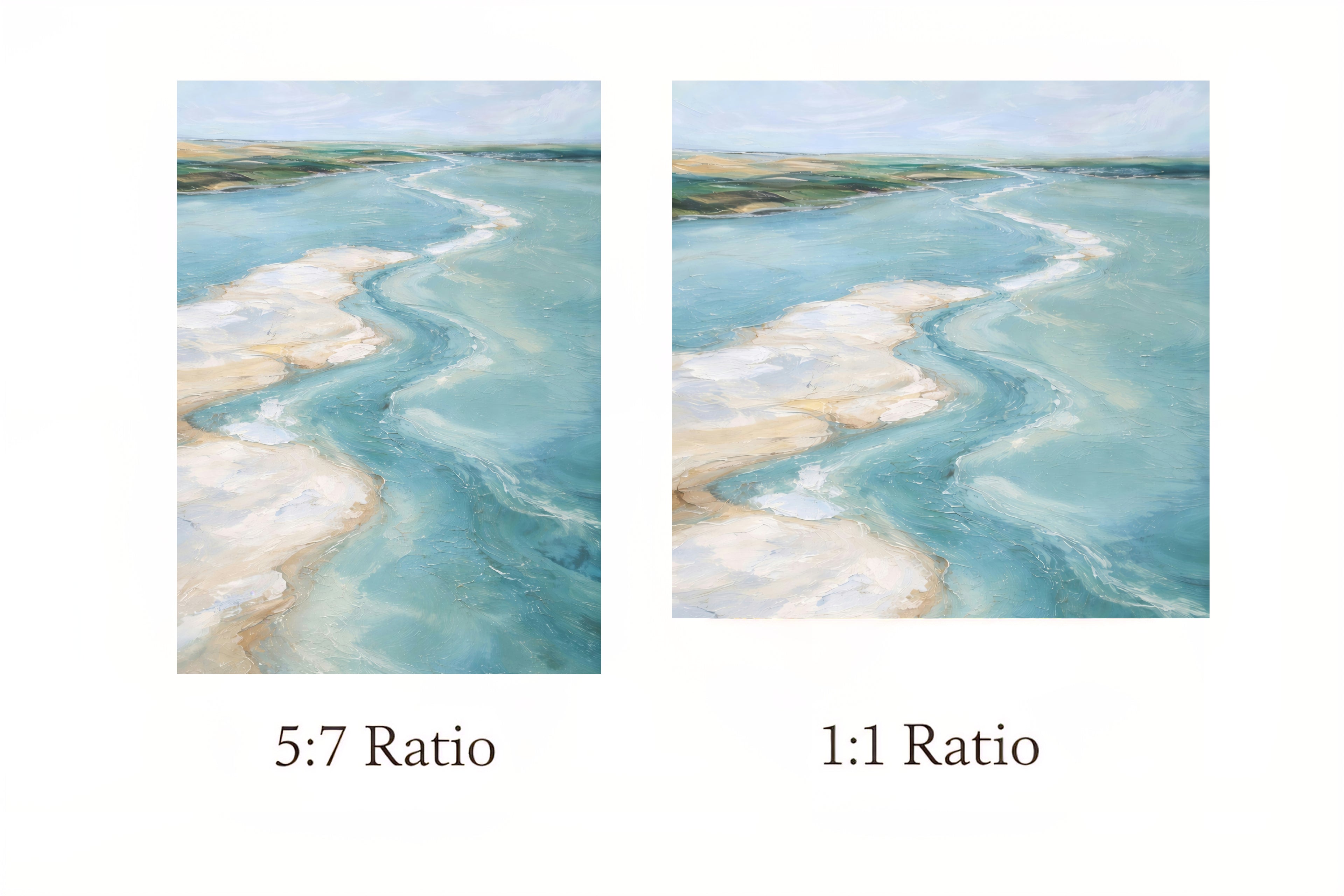 Two side-by-side images of coastal  landscape with text indicating 5:7 and 1:1 ratio.