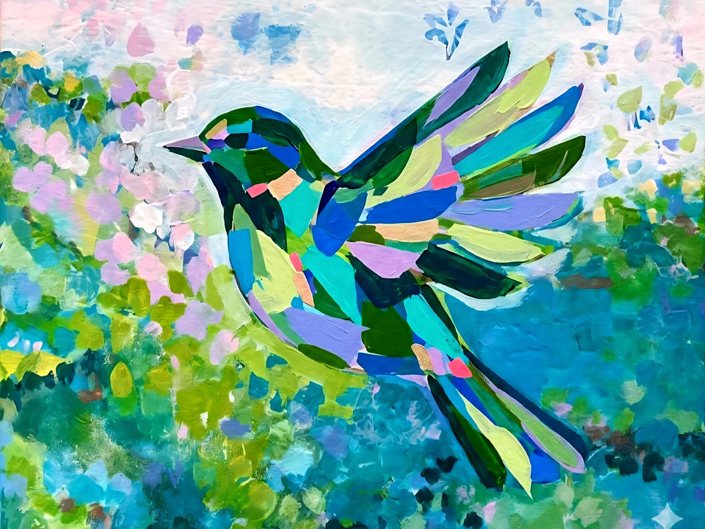 colorful coastal bird abstract wall art printable in teal blue green and pastel tones, modern beach house decor for gallery wall set digital download
